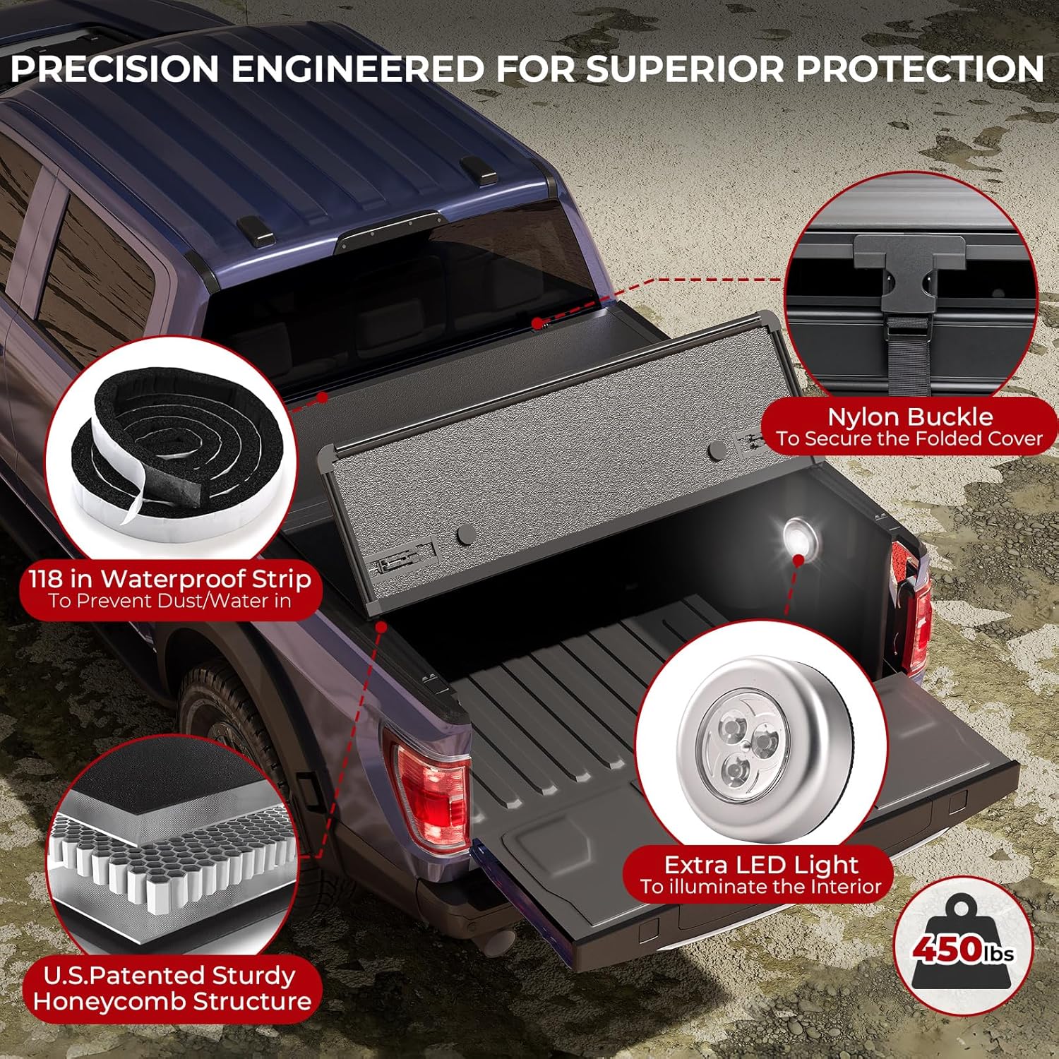 SKEXI FRP Hard Tri Fold Truck Bed Cover Fits for 2015-2025 F-150 6.5ft Bed (78.9") Heavy-Duty Lock Hard Folding Drill-Free Tonneau Cover Waterproof Fiberglass Design & Anti-Theft Security