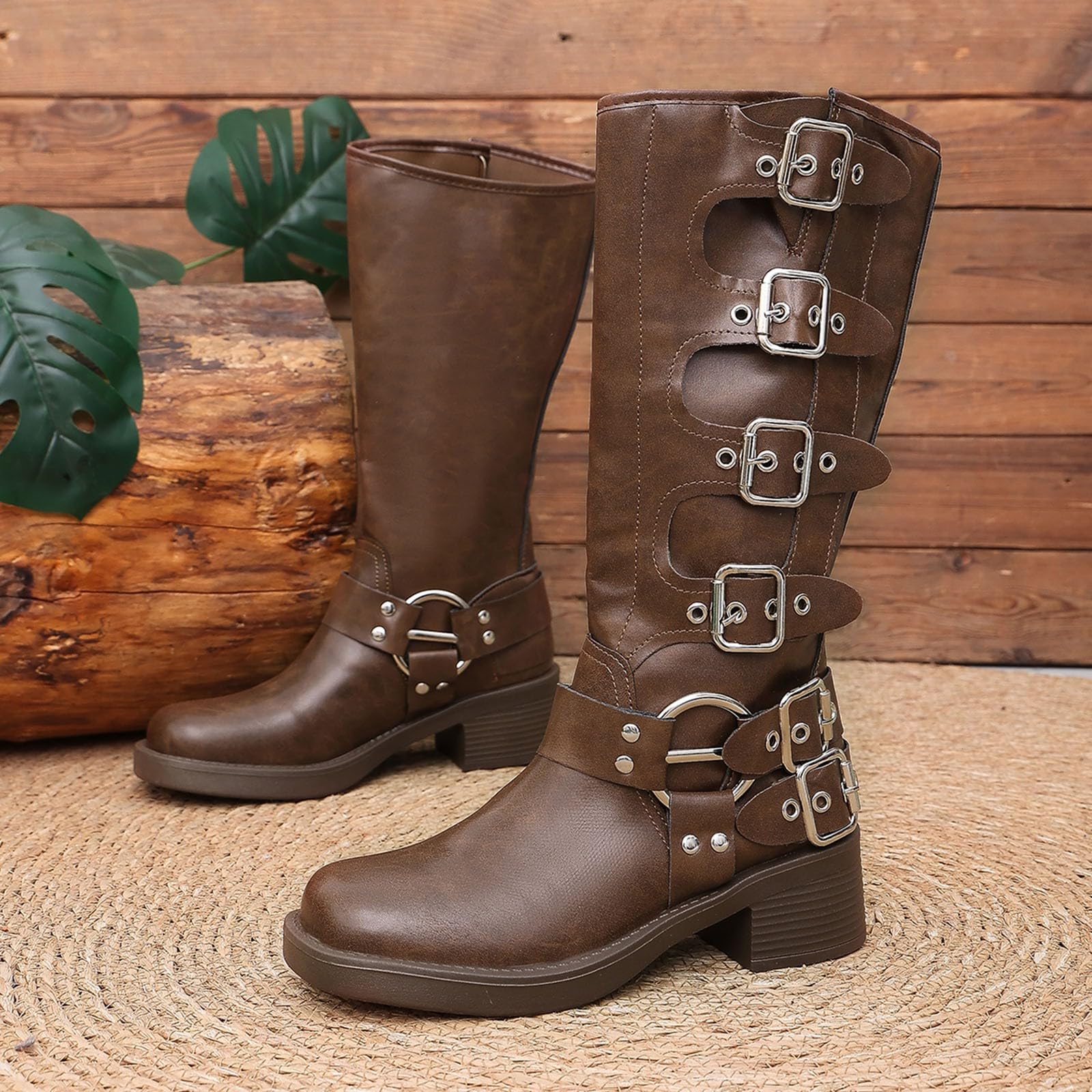 Botas de Invierno Mujer Botas Altas con Hebilla de cinturón, Vaqueras tacón Grueso Moda para