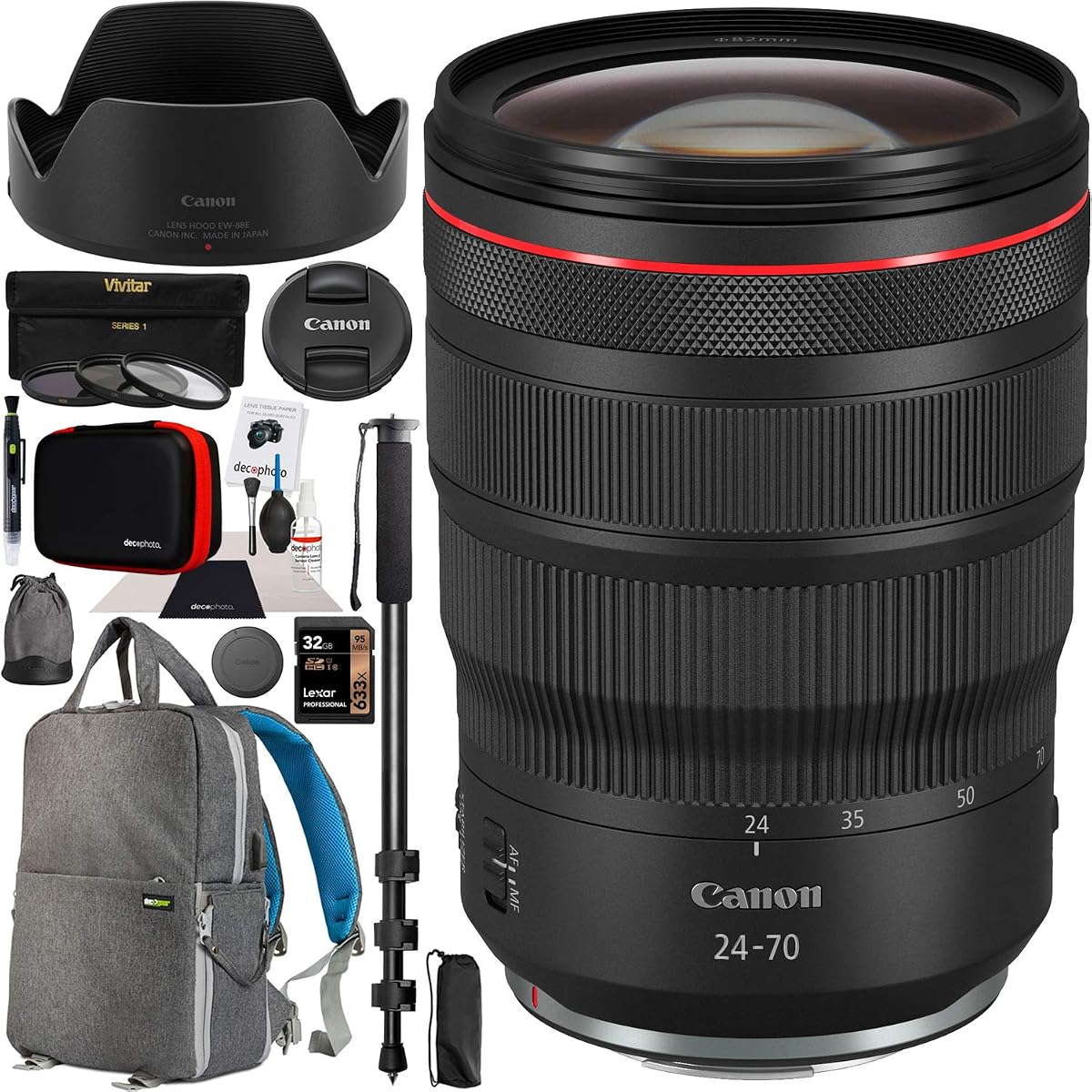 Canon RF 24-70 mm F2.8L es lente USM Serie L Zoom de apertura rápida estándar 3680C002 para cámara sin espejo EOS R y RP con kit de filtro de fotografía de 82 mm, estuche para mochila Deco Gear y accesorios