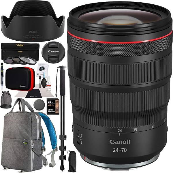 Lente Canon RF 24-70mm F2.8L IS USM, serie L, zoom estándar de apertura rápida, 3680C002, para cámaras sin espejo EOS R y RP, paquete con kit de filtros de fotografía de 82mm, estuche tipo mochila Deco Gear y accesorios