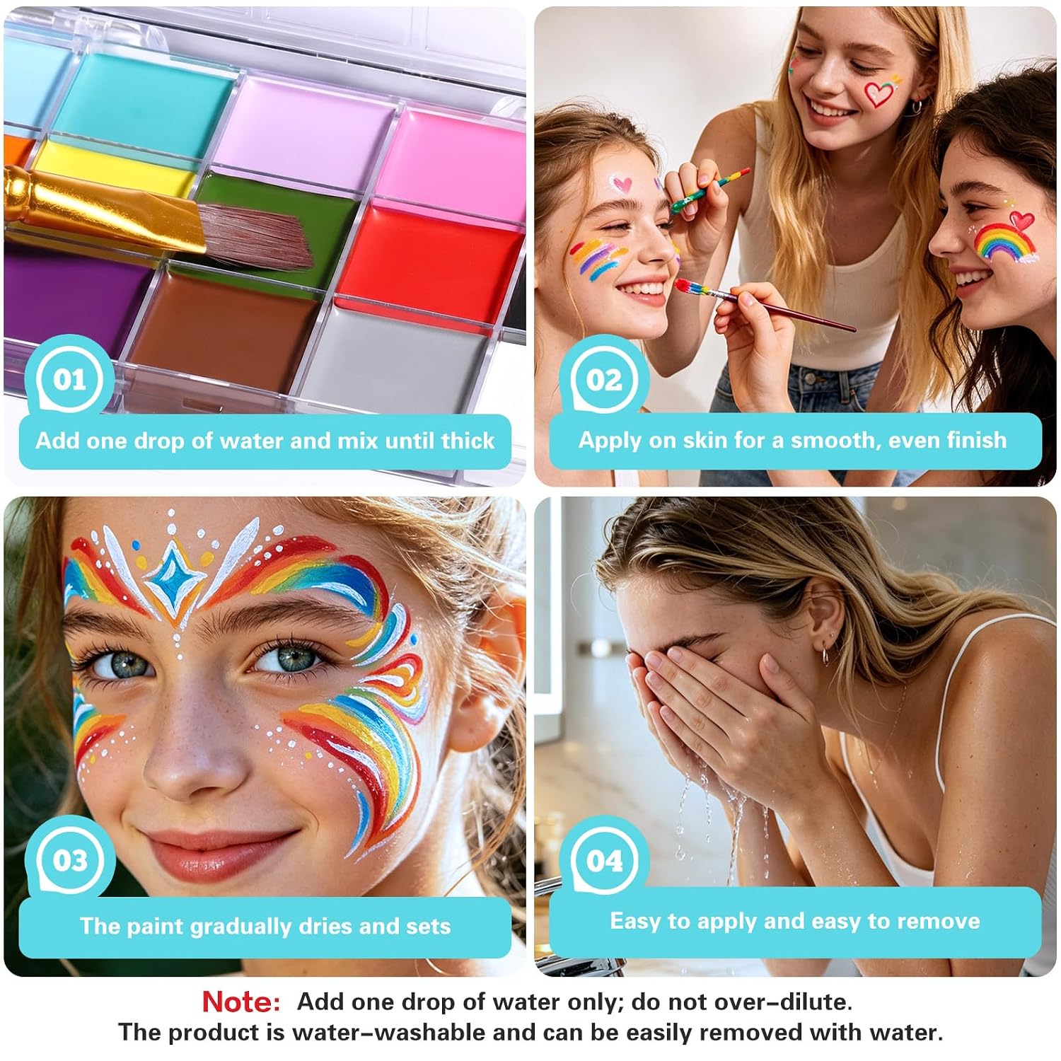 BOBISUKA 15 Color Face Body Paint Palette, Water-Activated Washable Face Paint for Halloween Makeup, Cosplay, Party, Festival and Stage Makeup