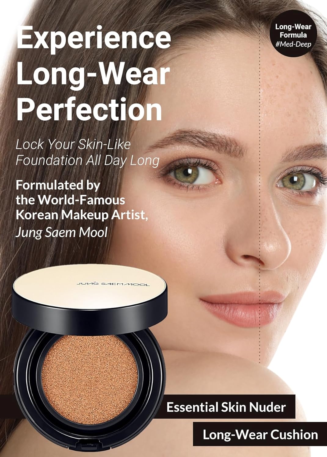 JUNG SAEM MOOL Essential Skin Nuder Longwear Cushion 0.98 Fl Oz, Refill Included, 24H Lasting Cushion Foundation with High Coverage, Semi-Matte Natural Finish, Korean Foundation Makeup (Medium Deep)