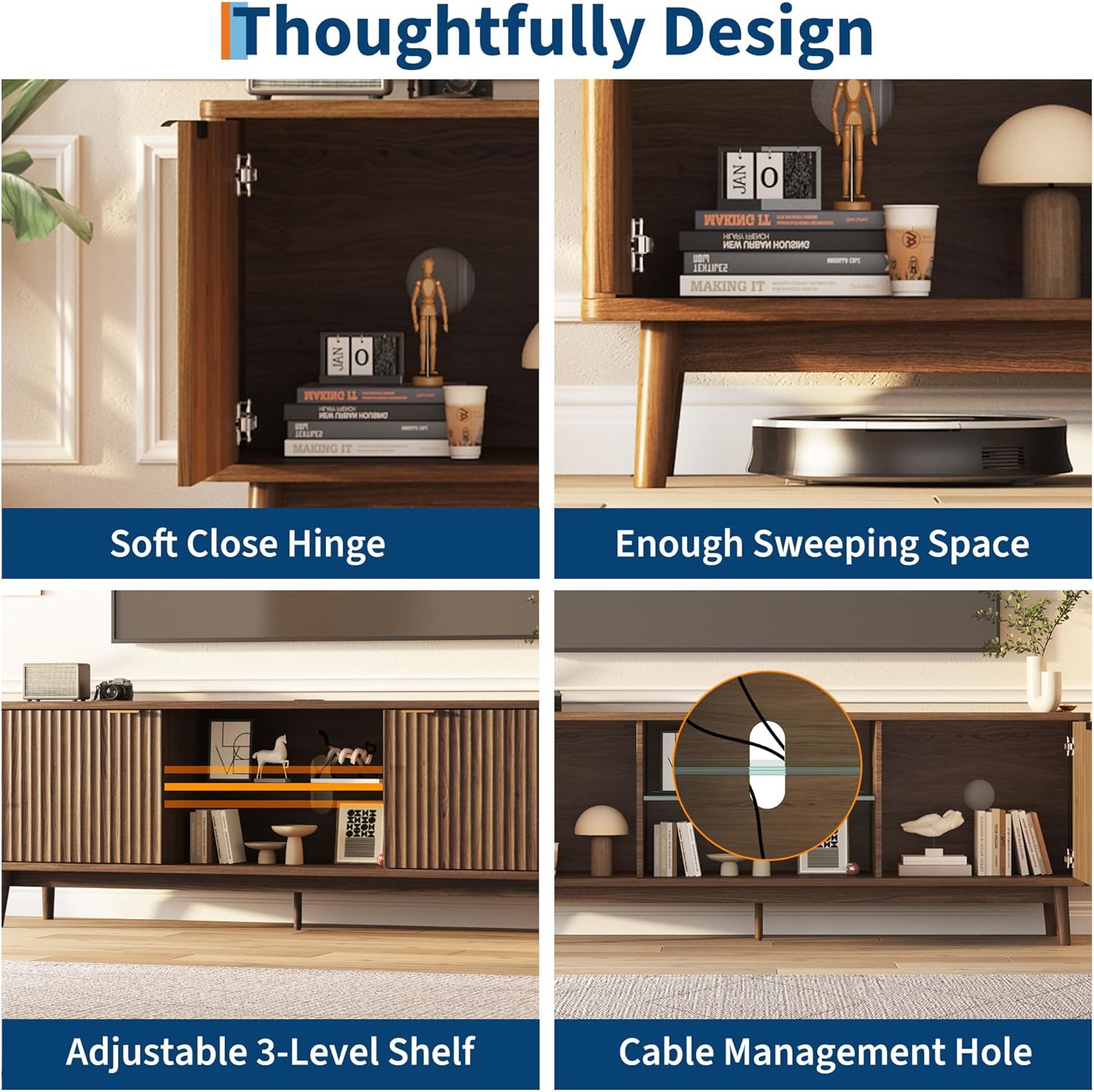 Close-up of soft close hinges, sweeping space, adjustable shelf, and cable management hole