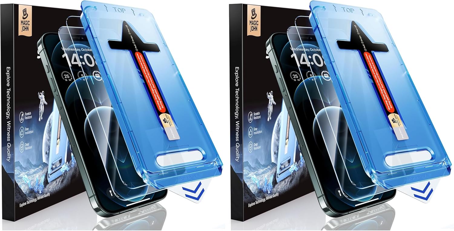 MAGIC JOHN 4 Pack for iPhone 12 Pro Max 6.7 inch Tempered Glass Screen Protector, Auto Dust-Elimination Installation, Bubble Free, HD Clear, Easy Installation