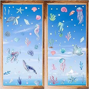 CRASPIRE 8 Sheets Sea Turtle Ocean Wall Decals Coral Stickers Summer Window Sticker PVC Waterproof Self Adhesive Cling Peel And Stick For Home Decoration Bedroom Living Room Bathroom