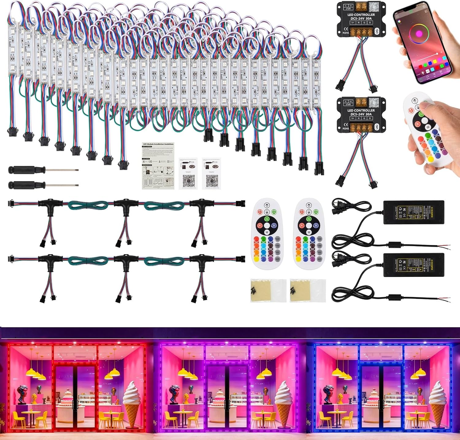 WICHEMI Storefront LED Lights for Business Bluetooth APP Control 80ft 160PCS 5050 SMD RGB 3 LED Strip Lights with Supplemental Power Cable Super Bright Window Lights for Store Advertising Decor