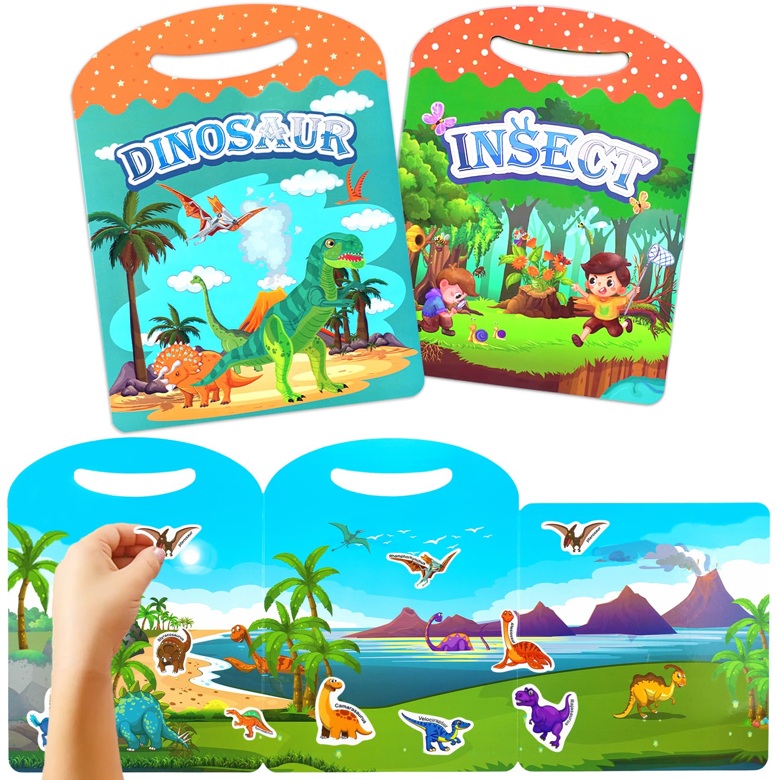 2pcs Reusable Sticker Book for Kids, Dinosaurs Insect Fun Kid Activity Books for Toddlers 3 4 5 6 7 8, Preschool Kindergarten Busy Stickers Book for Travel School Home