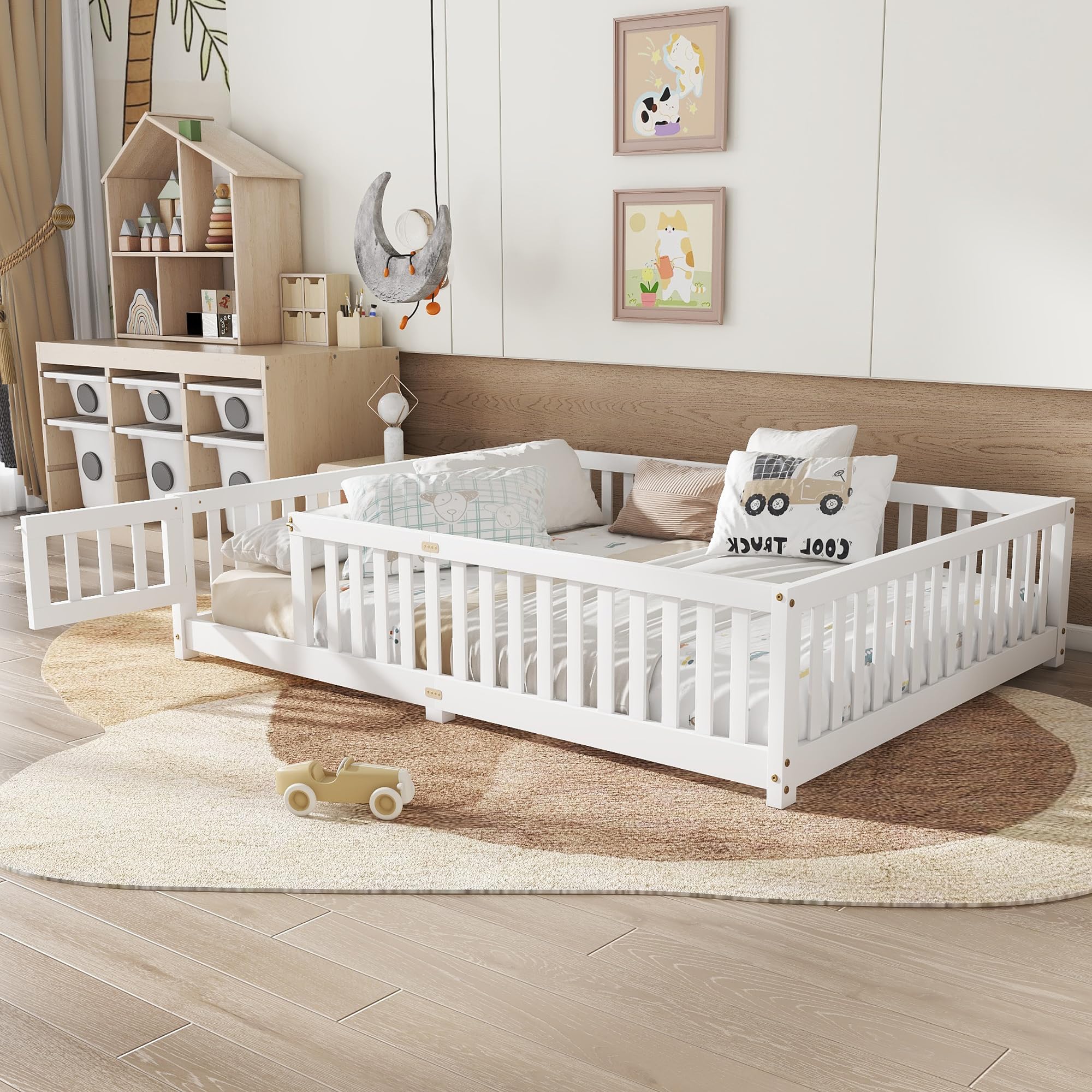 Queen Size Floor Bed with Slats and Center Support Bar, Montessori Bed with Fence and Door,(Queen White)