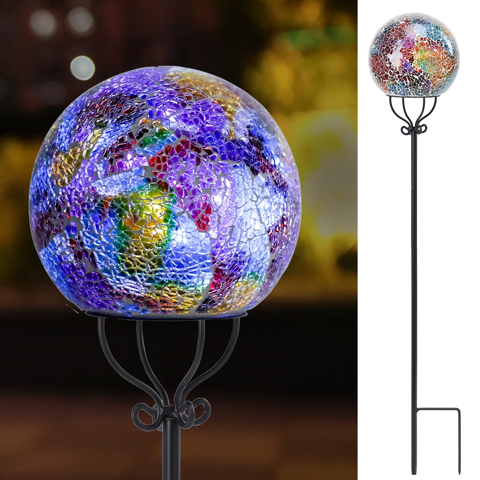 VCUTEKA Solar Outdoor Lights Garden Decor Mosaic Solar Garden Lights Waterproof Glass Ball LED Pathway Stake Light for