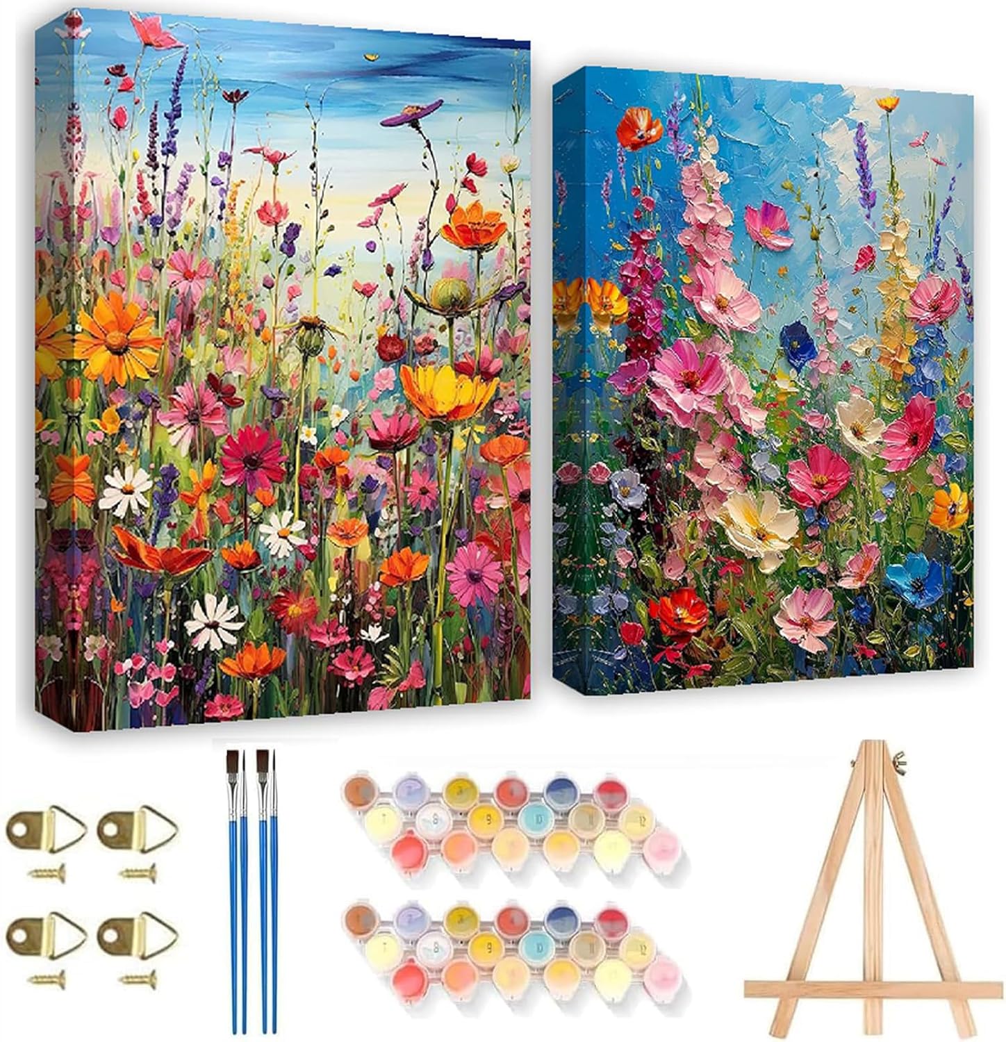 2Pack Flowers Paint by Numbers Kit for Adults Beginners, Floral in Tin Cans Adults Paint by Number Kits with framed-Wood Easel, DIY Acrylic Oil Painting by Numbers Crafts for Home Wall Decor 8X12 Inch