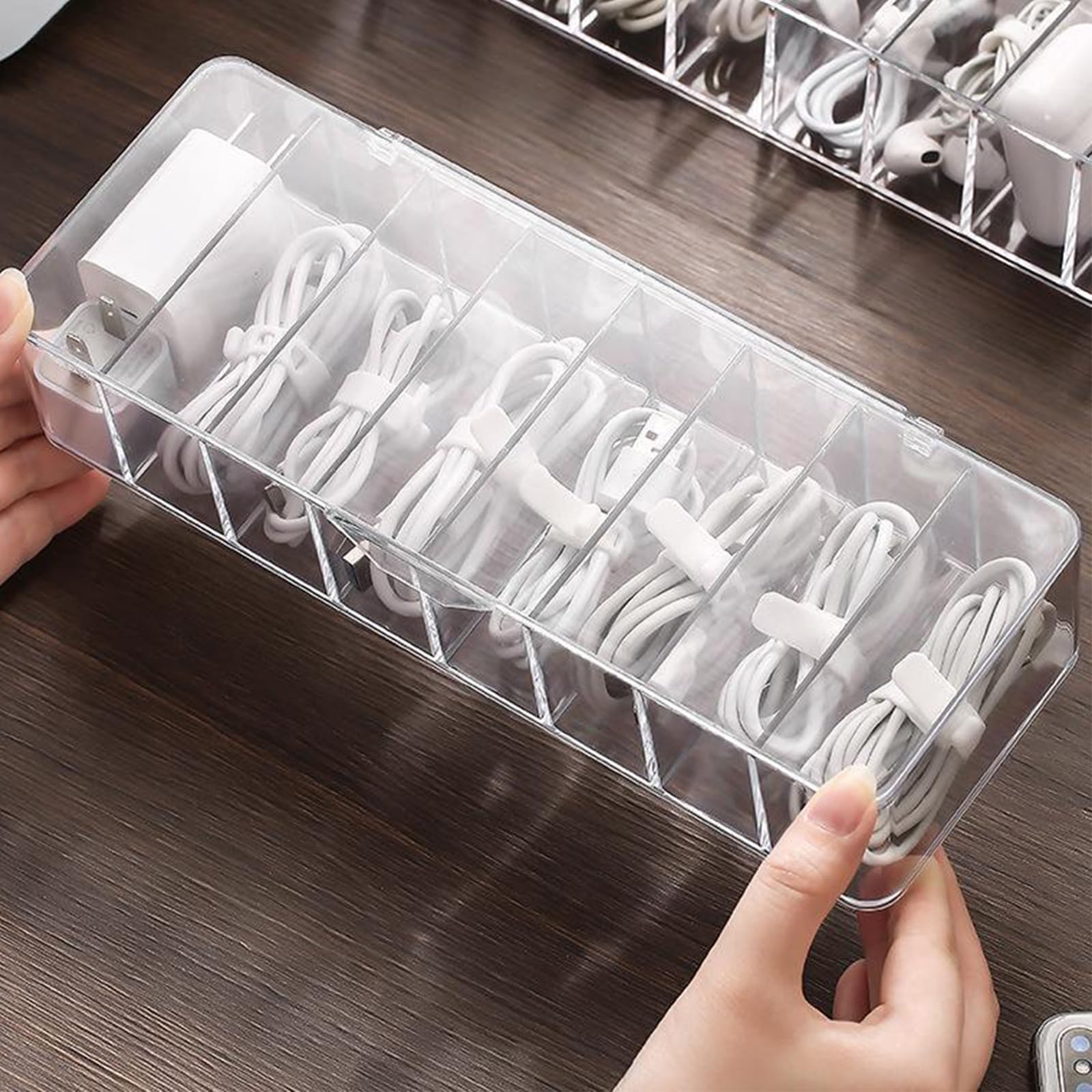 Kabel-Organizer Box 2 Stück – 8 Fächer, 14 Kabelbinder, Transparent, Stapelbar