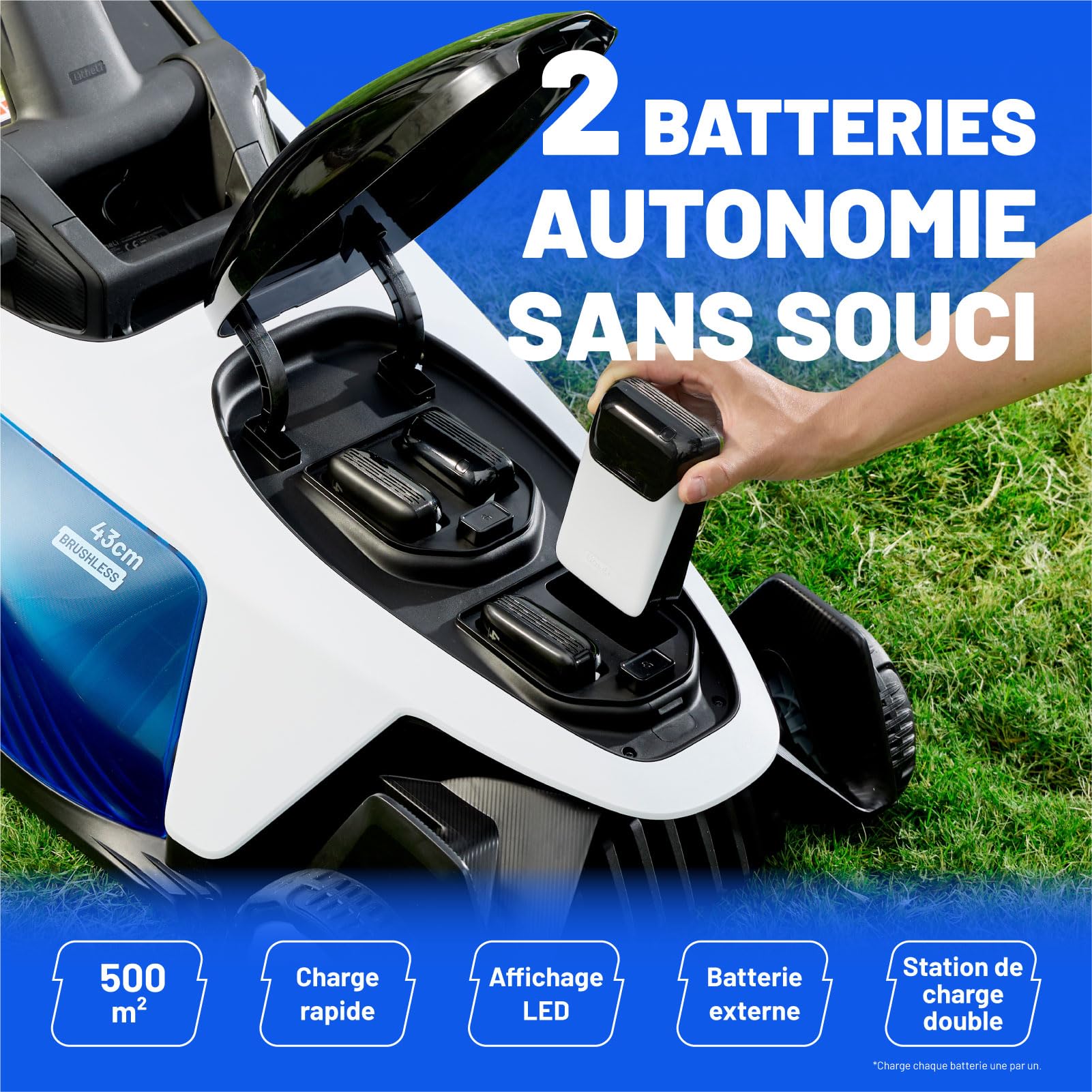 Litheli Easysurge Tondeuse à Gazon sans Fil 43cm, 2X 20V Batteries 4.0Ah, Autotractée (2,2-4,7 km/h), Bac 50L, 25-75 mm Hauteur Réglable, pour Pelouses jusqu'à 500m²