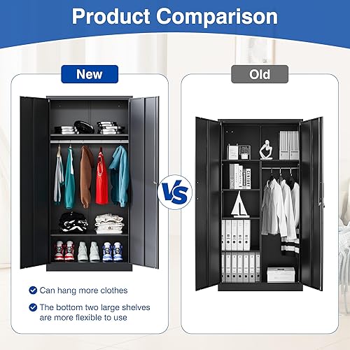 Miniatura 5 de Armario de almacenamiento de metal de 72 pulgadas con bloqueo de metal con barra colgante para oficina, hospital, requiere montaje (negro)