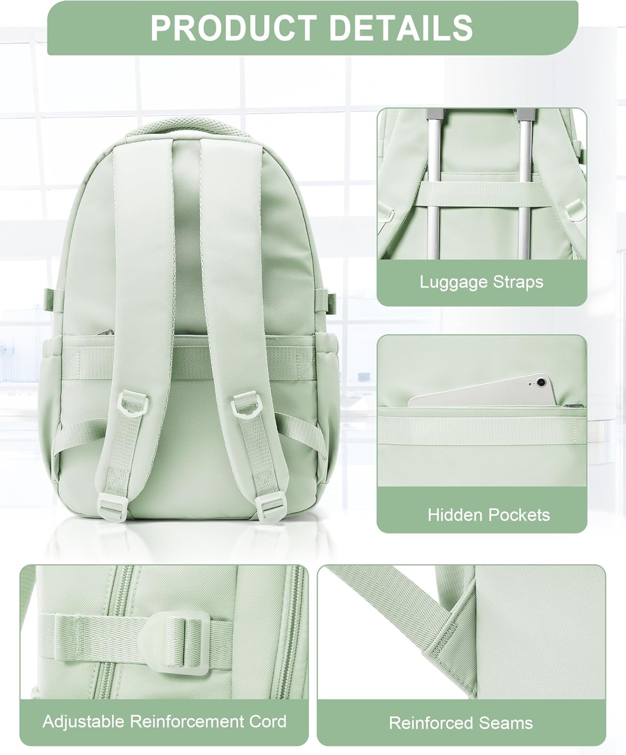Waterproof Aesthetic Backpack For School, Cute High School Bookbag For Teen Girls Boys, Lightweight Casual Daypack Backpack For Women Men, College Backpack With Lots Of Pockets（MintGreen） - Image 5