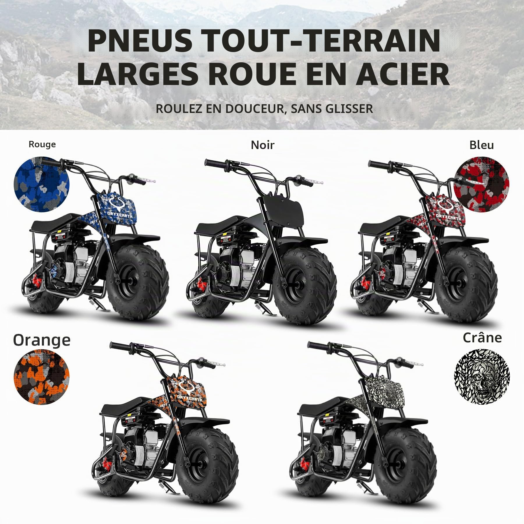 ORYXEARTH 105CC Mini Moto 4 Temps Pocket Bike Dirt Bike, Moto Cross Enfant, Benzin Haute Performance, Pneus Larges Tout-Terrain, Motocross, Autocollants DIY à Partir de 13 Ans (Crâne)