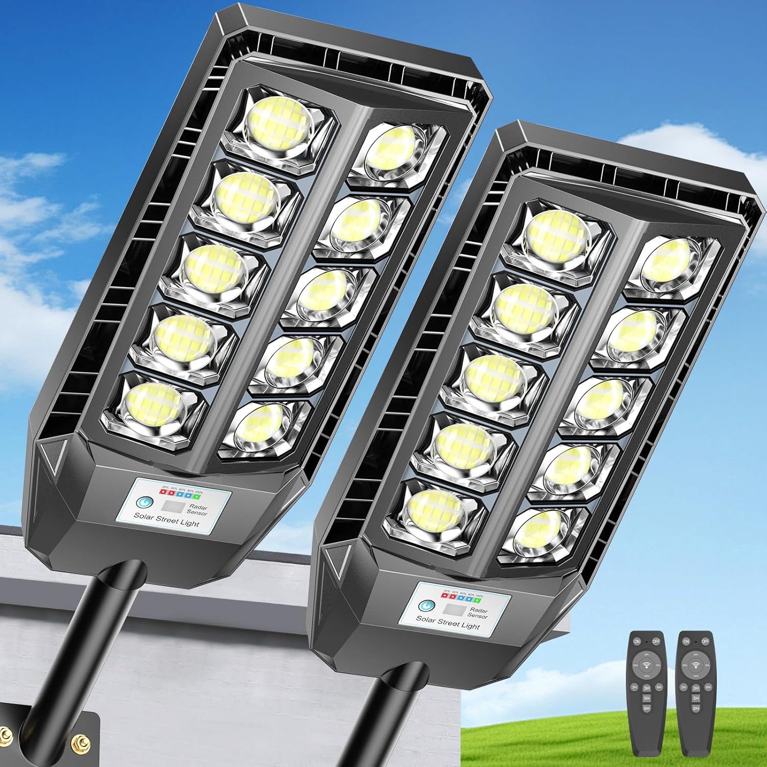 CEDIO Photo voltaic Lights Out of doors, IP67 Waterproof Road Lights Excessive Energy Photo voltaic Safety Flood Lights Movement Sensor Nightfall to Daybreak with Distant Management for Yard, 2 Pack (Convex Lens Design)