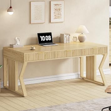 SEDETA 55 Executive Office Desk with 3 Drawers, Home Office Desk with Storage Drawers, Computer Writing Desk Study Table, Natural Oak