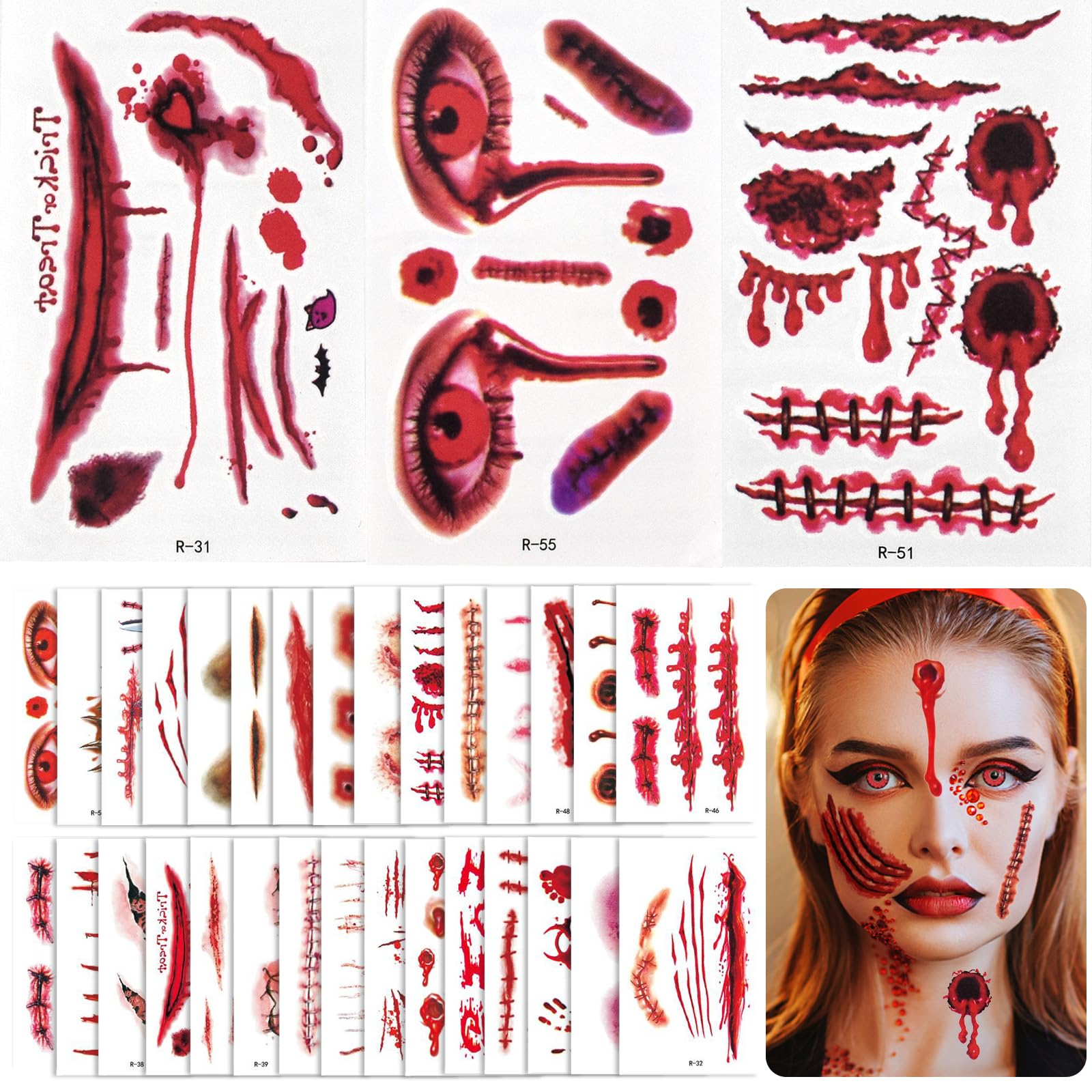 30 Sheets Halloween Temporary Tattoos Stickers Zombie Tattoo Halloween Cosplay Temporary Tattoo Sca Tattoos with Fake Scab Wound Halloweens Face Stickers Special Fx Costume Makeup Props