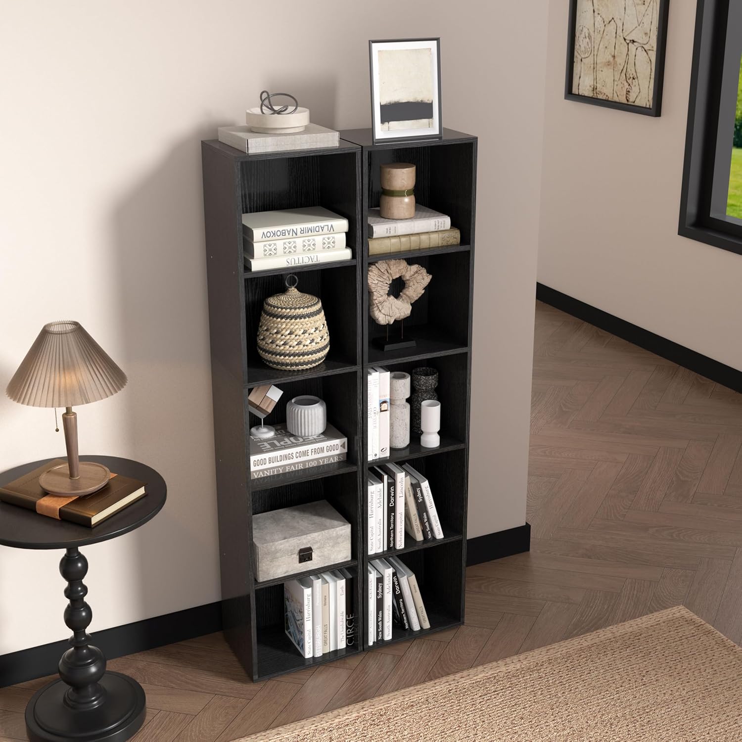 5-Tier Wooden Cube Storage Organizer, 52 Inch Tall Bookcase & Display Shelf with 5 Open Cubes, Freestanding DIY Closet Shelving Unit for Living Room Bedroom Office (Black, 5 Cube-W(11.8inch)