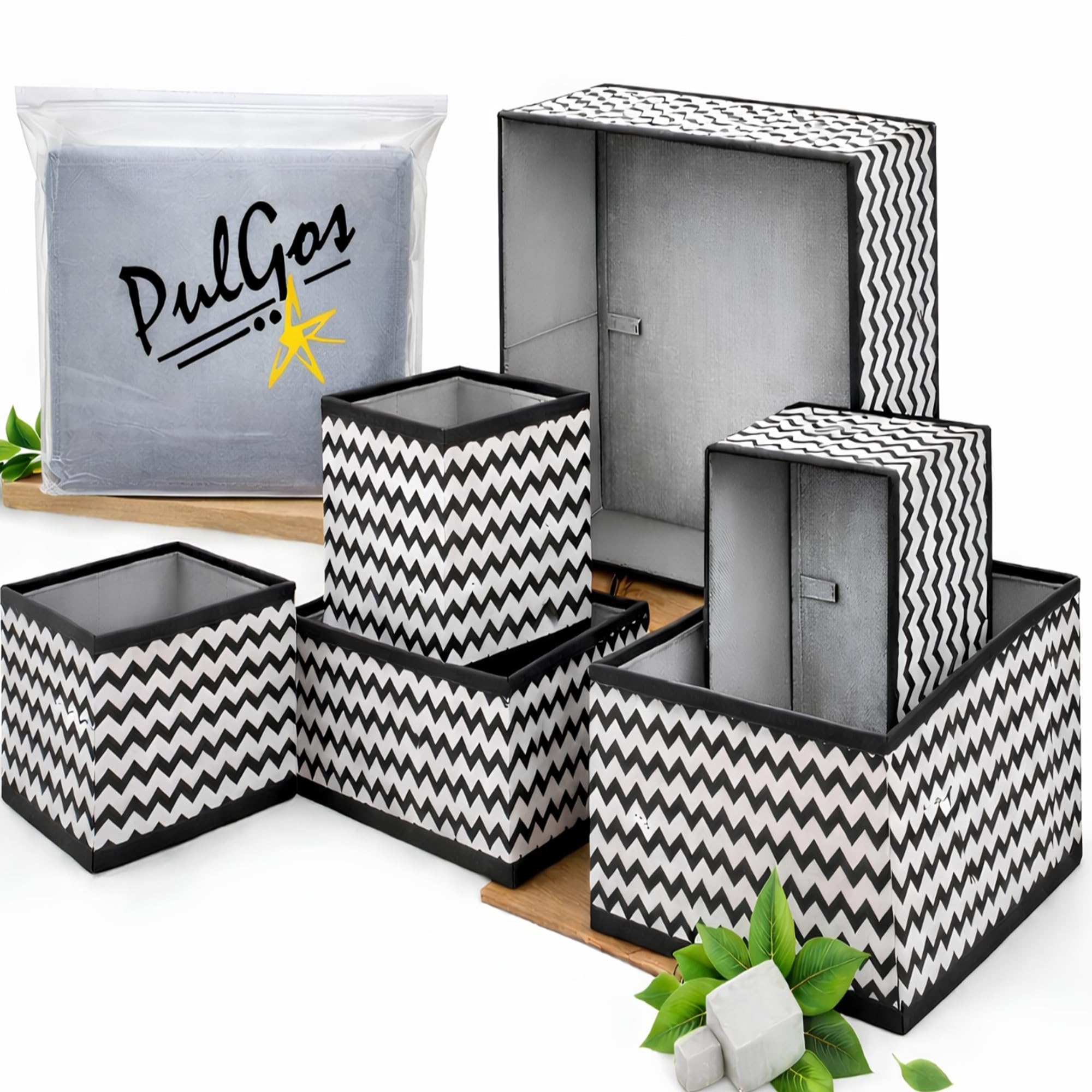 PulGos 6 Pcs Foldable Closet Organizers for Clothes, Space-Saving Fabric Storage Box Almirah Cupboard Organizer Sturdy Storage Boxes for Organizing Wardrobe Socks,Bra,Tie,Scarfs,and Toys- Grey