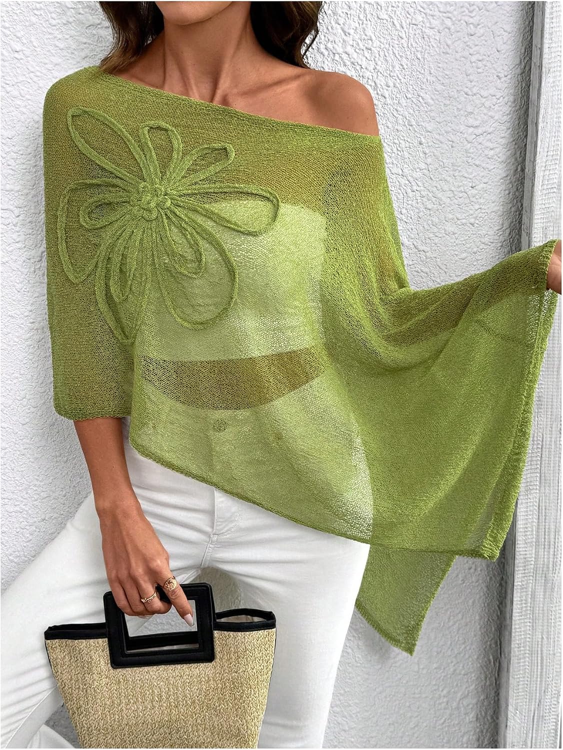 SHENHE Women's Floral Knit Poncho Top Sheer Asymmetrical Flowy Lightweight Sweater Shrug
