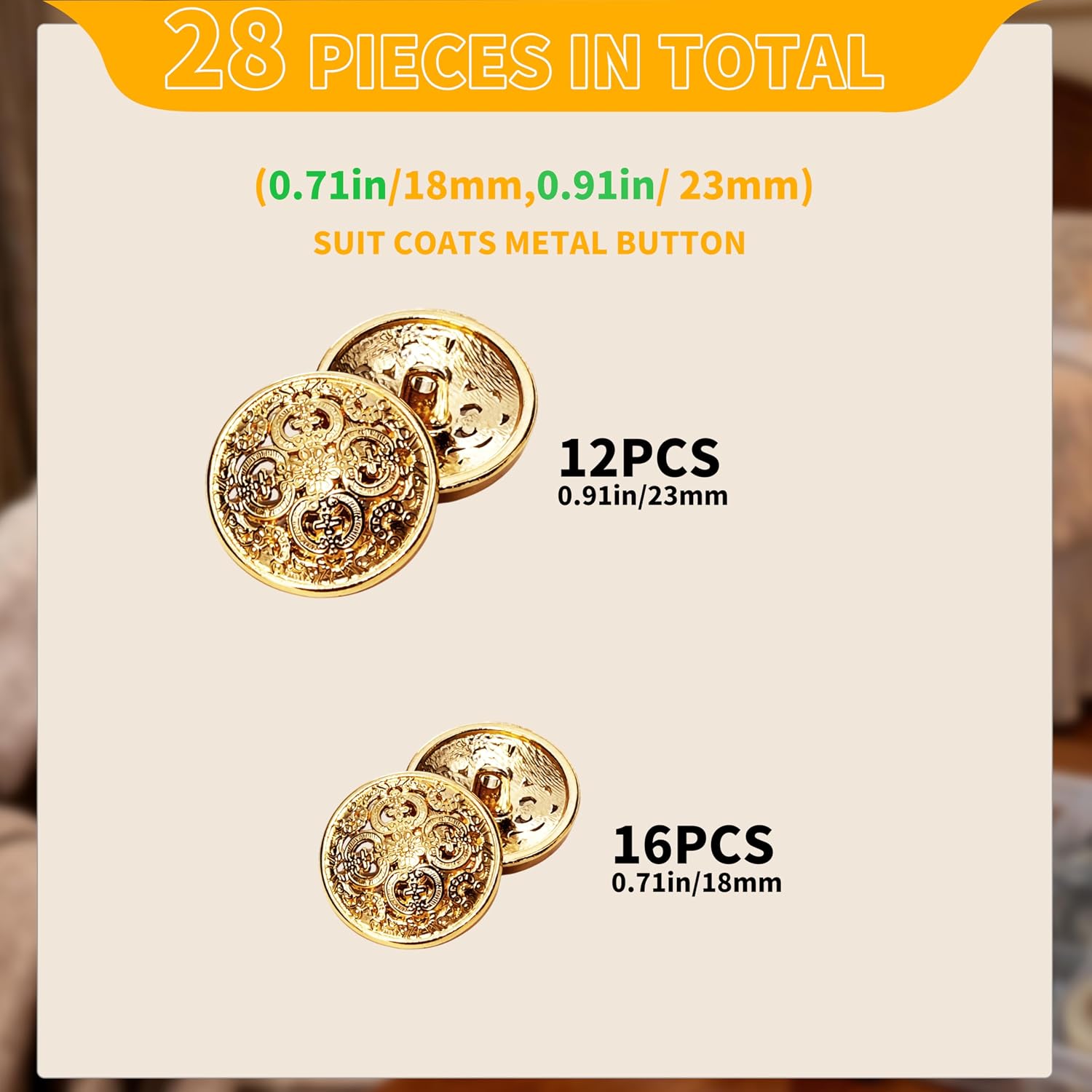 Gold Buttons for Blazer, 28pcs Metal Blazer Buttons for Clothes, 18mm/0.7IN 23mm/0.9IN Replacement Shank Buttons Sewing for Suit Coat Sweater Jacket DIY Crafts