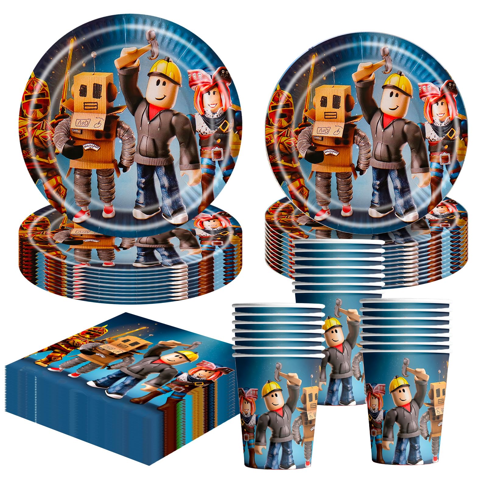 Rob 80pcs Party Supplies, Tableware Set, Decoration for Boys - Table Decorations - 80 pcs Include Cups Paper Plates and Napkins for Gamer Party