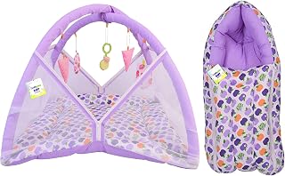 Toddylon Baby Play Gym New Born Baby Bedding | Mat with Hanging Toys | Mattress with Mosquito Net | Cotton Playing Mat | P... Price In India