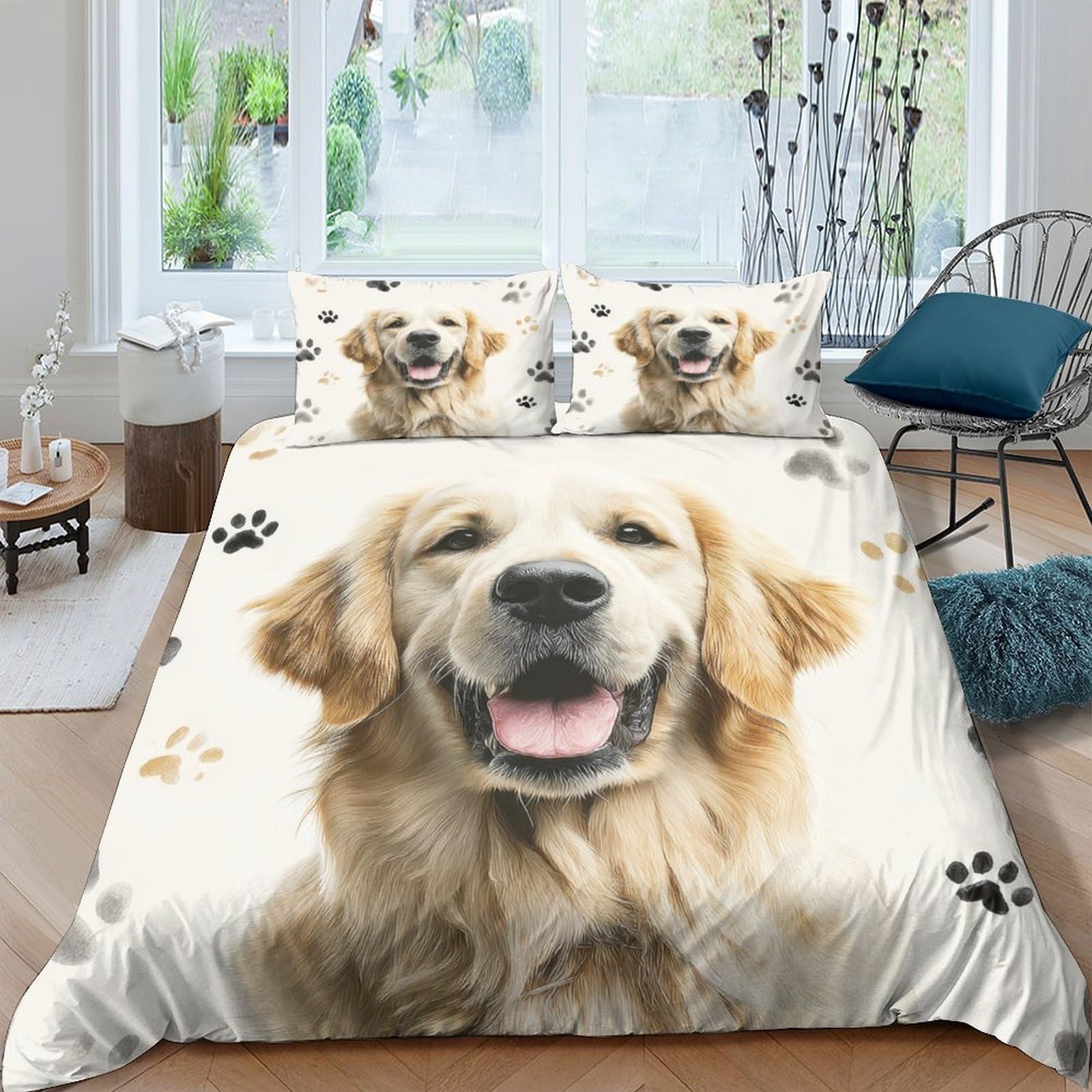 Ctjqhvkz Style-7 3D Printed Golden Retriever Fitted Sheet Microfiber Soft Anti-Slip Dog Paw Bed Cover For Bedroom Guest Room Mattress Decor Single（135X200cm）