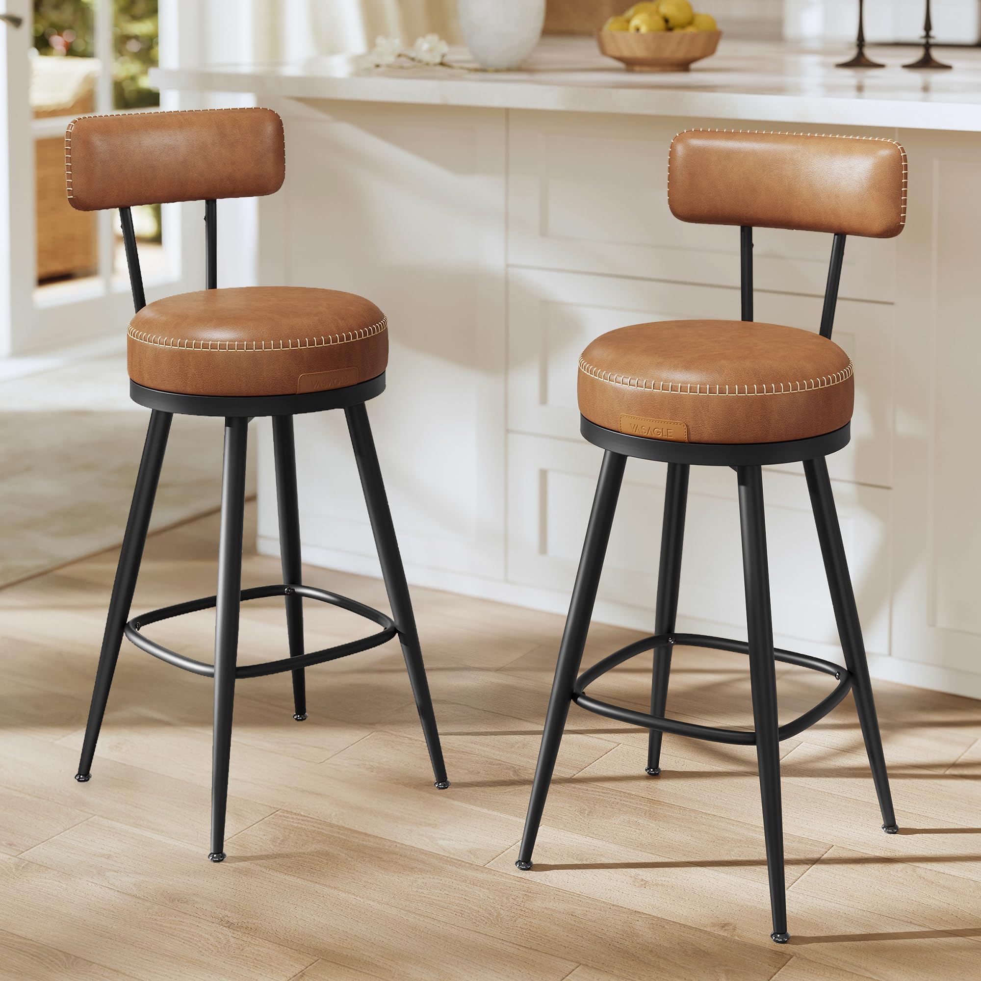 VASAGLE EKHO Collection - Bar Stools Set of 2, Swivel Counter Height Bar Stools with Back, Synthetic Leather with Stitching, Mid-Century Modern, 25.6-Inch Tall Barstools for Kitchen Bar, Caramel BrownThe Forest Stewardship Council