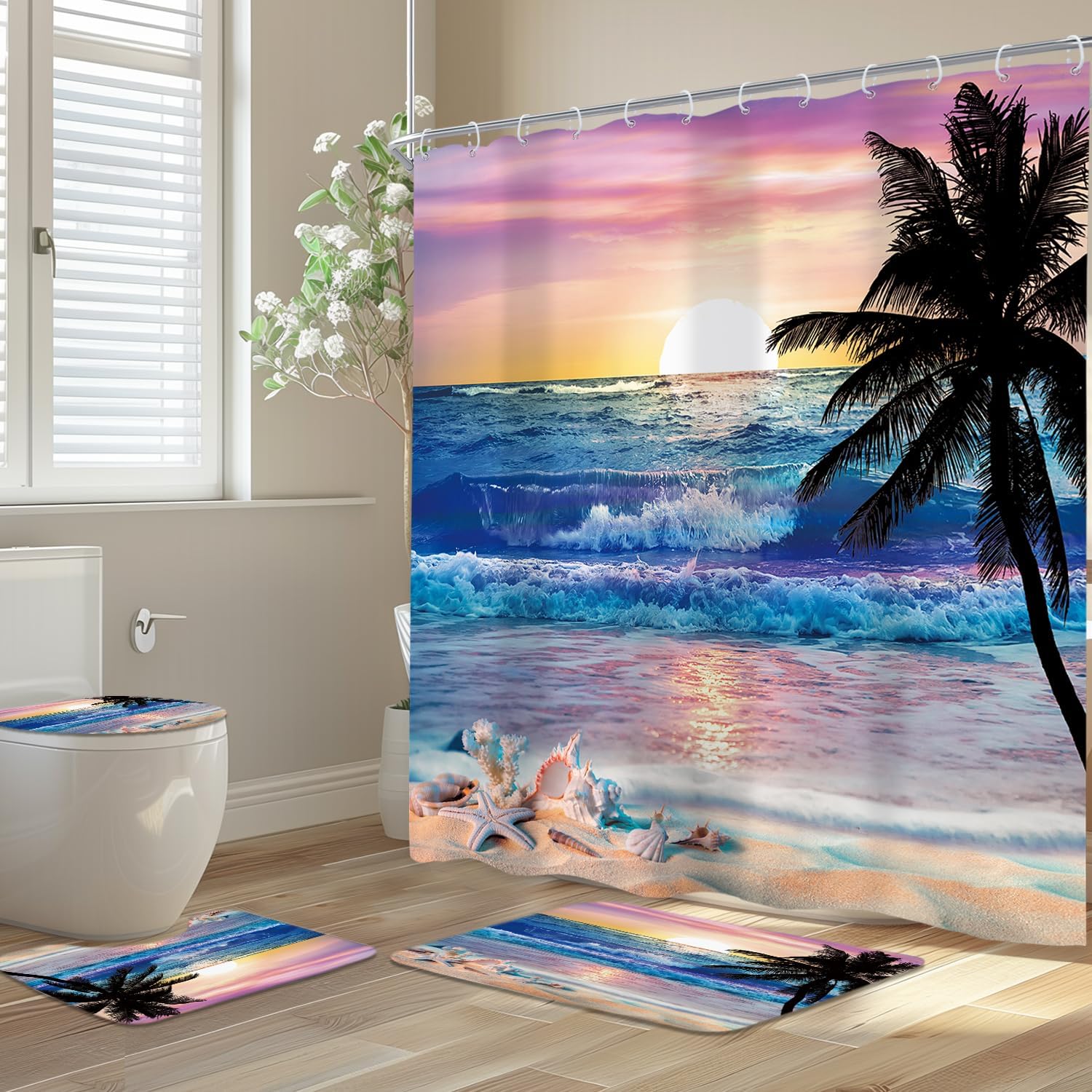 Newsely 4Pcs Ocean Sunrise Shower Curtain Set with Non-Slip Rugs, Toilet Lid Cover and Bath Mat, Beach Tropical Palm Tree Hawaiian Shower Curtain with 12 Hooks, Summer Bath Curtain for Bathroom Decor