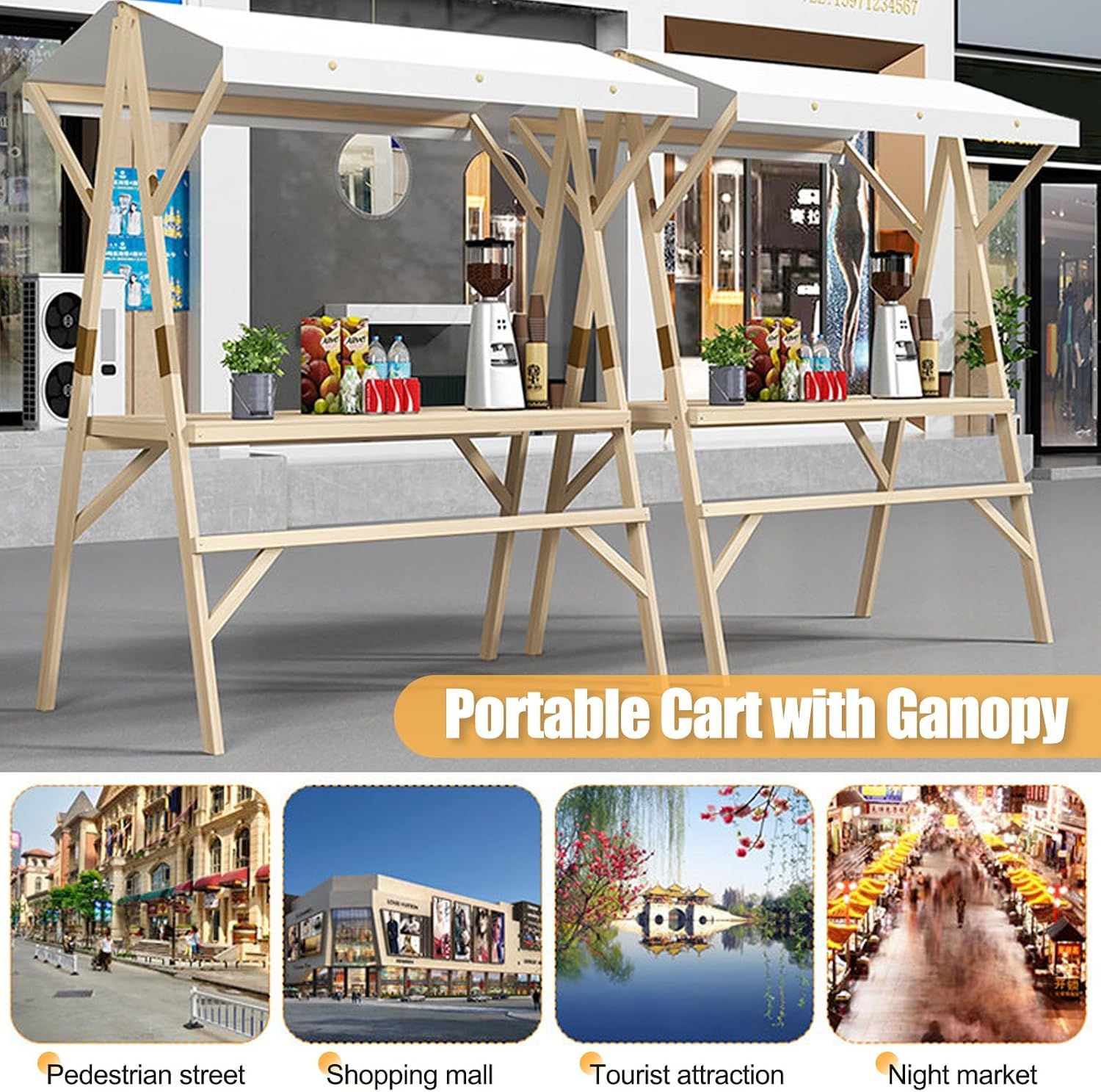 HARELA Outdoor Vendor Cart Portable Cart with Sunshade Canopy, Foldable Vending Stand Kiosk Display Trolley Vendor's Stall for Market Street Food & Events(White,120cm/47.2in)