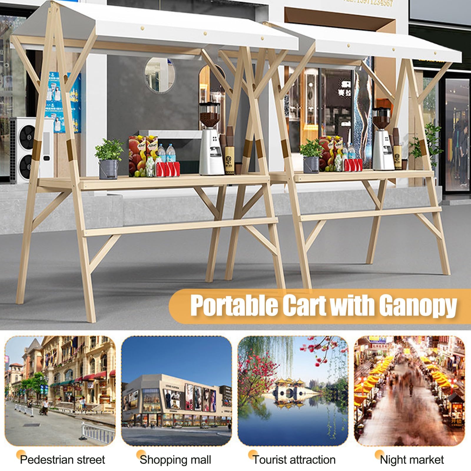 HARELA Marktstand Imbisswagen Marktstand-Display Aus Holz, Tragbarer Lebensmittelwagen für Straße/Bauern Markt, Multifunktionale Außenkonzessionsstand für Handwerksshows(White,150cm/59in)