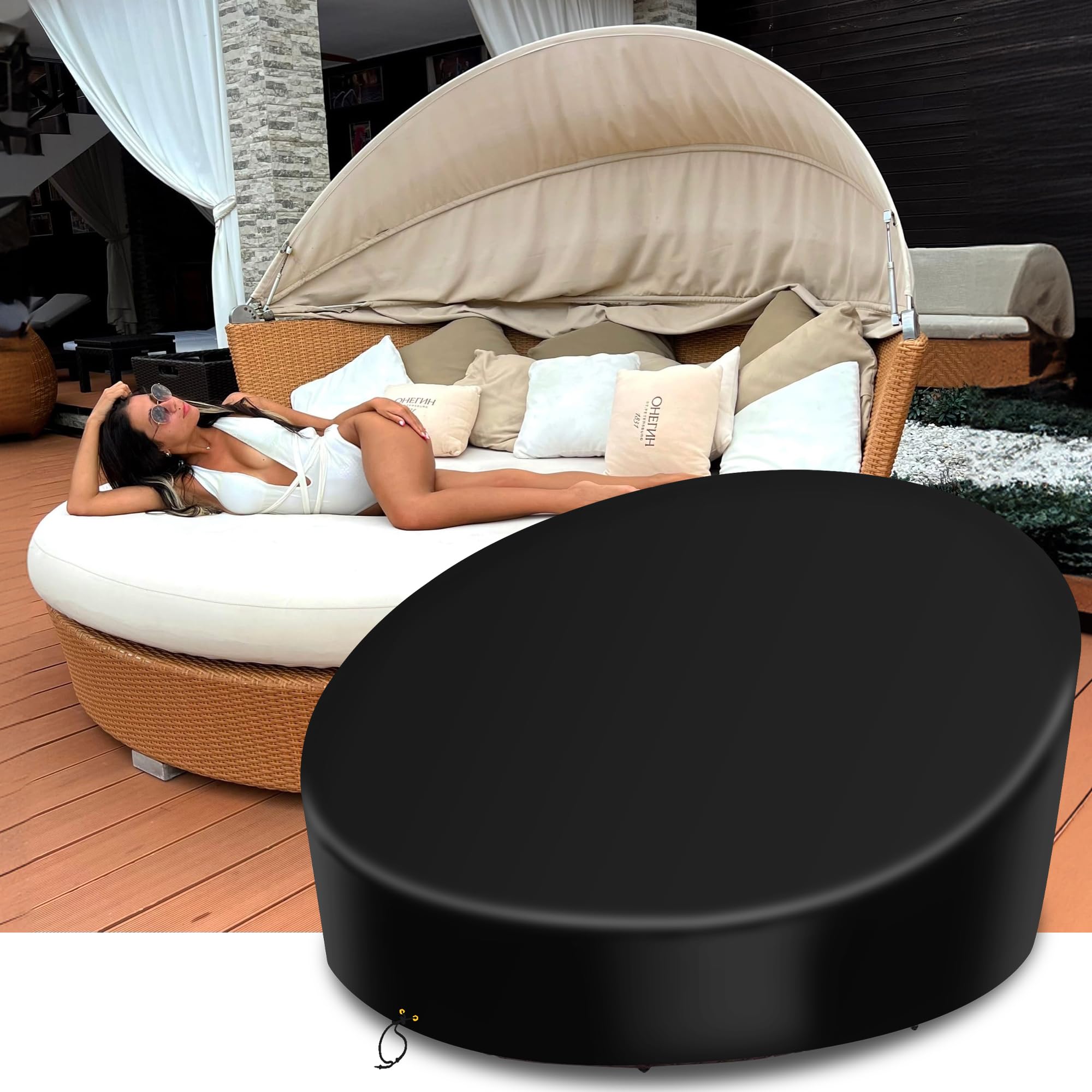 RICHIE Funda impermeable para isla de sol, tela Oxford 420D, con banda ajustable, cubierta para isla de sol de ratas, resistente a los rayos UV, funda redonda para muebles de jardín, color negro (190