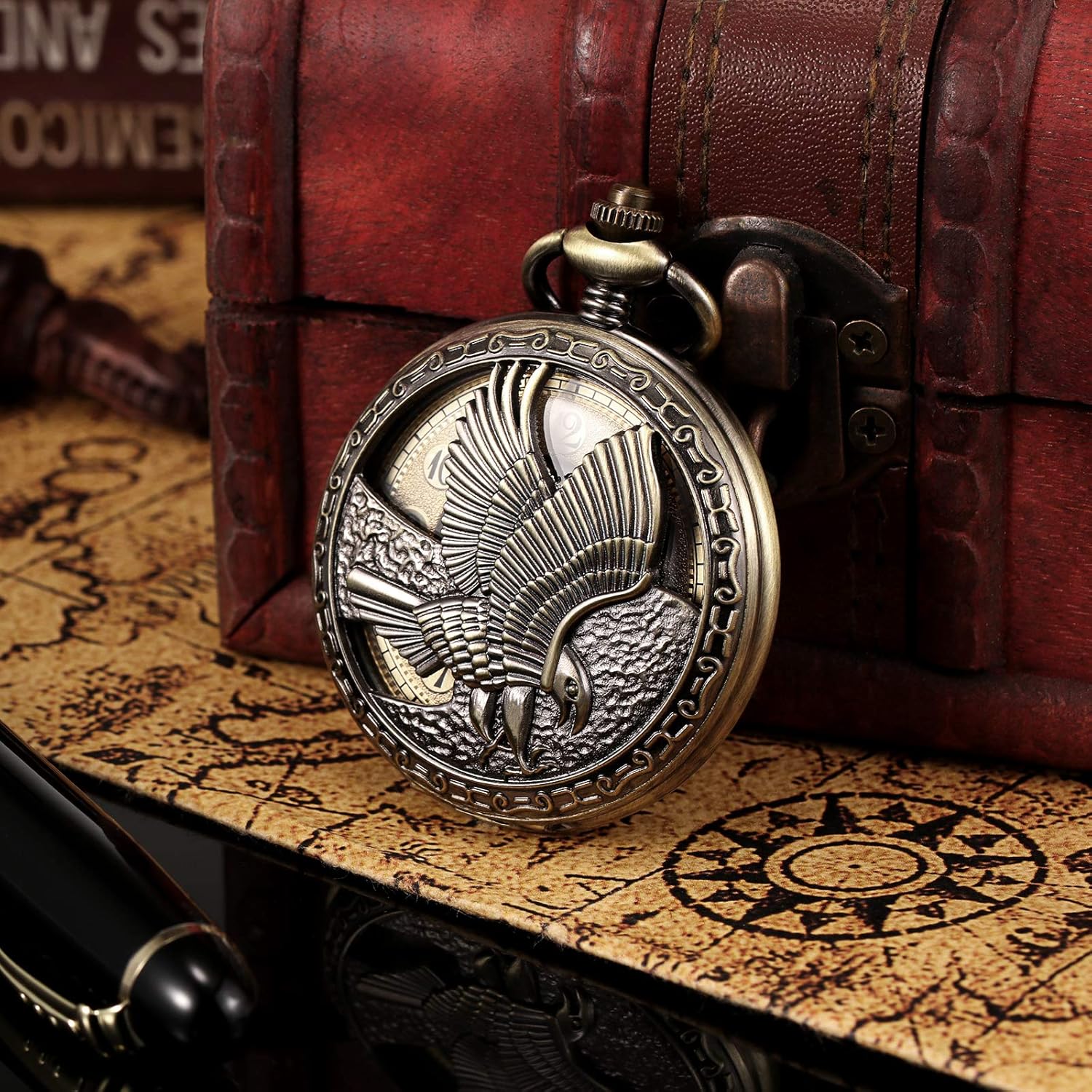 TREEWETO Mechanical Eagle Arabic Numerals Dial Skeleton Pocket Watch Watches with Gift Box and Chains for Mens Women