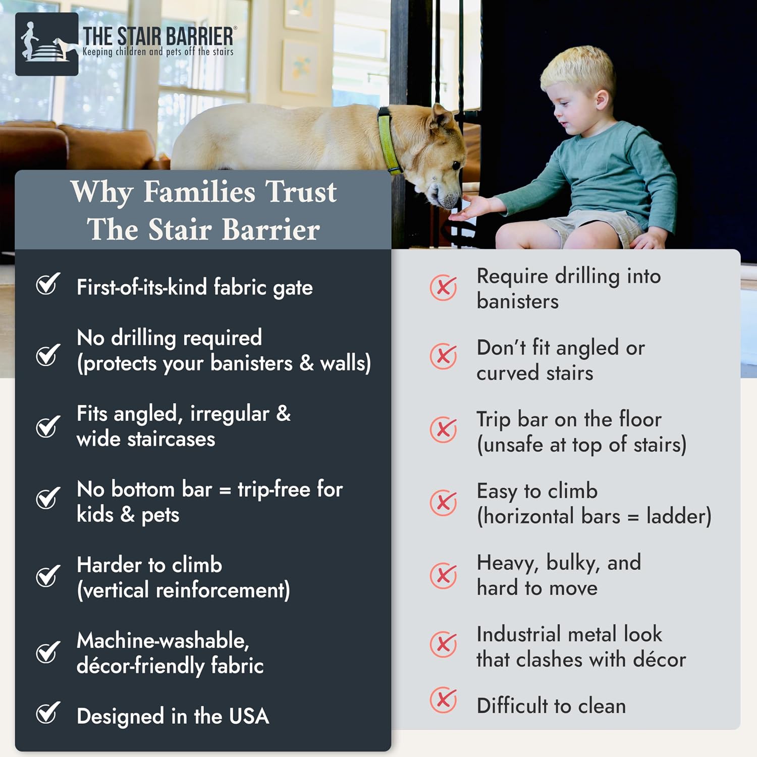The Stair Barrier First Fabric Banister to Banister Baby Gates for Stairs 36”–42” Wide x 32” Tall– No Drill Baby Gate for Top or Bottom Staircase, Machine-Washable Climb Proof, Designed in USA, Black