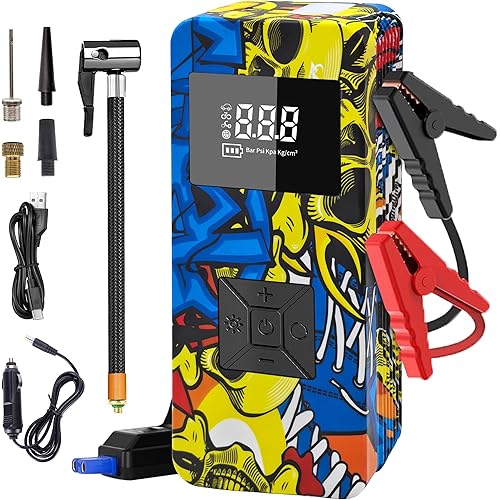 Jump Starter with Air Compressor, 8000A 150PSI Battery Jumper Starter Portable Tire Inflator Pump, 12V Jump Box Car Battery Jump Starter with Smart Jumper Cables, LED Light, LCD Display