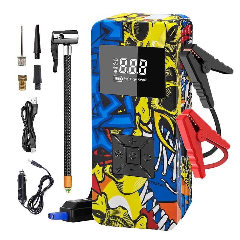 Auxiliar de partida EDOMOL 12 V 8000 A com compressor de ar 150 PSI, inflador portátil, power bank e luz LED LX0301