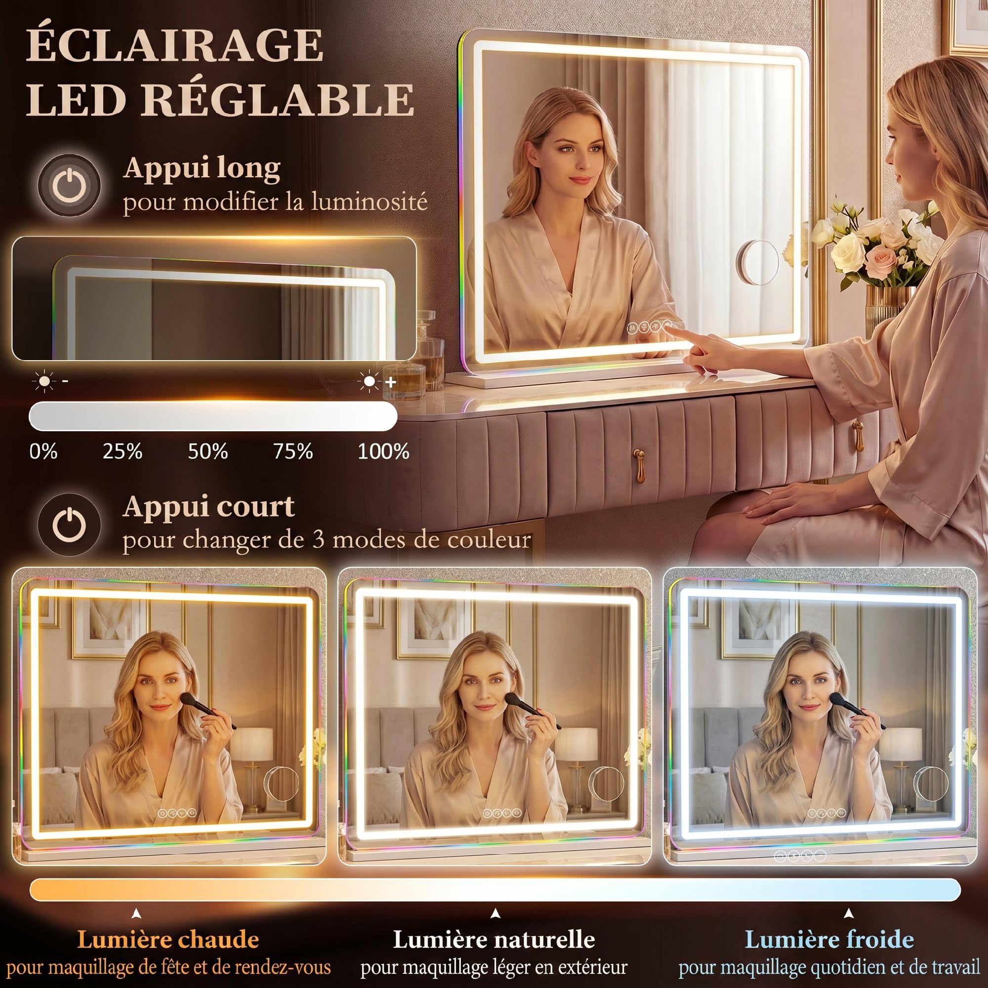 HOMCOM Miroir Maquillage Lumineux 80x60cm, Miroir Coiffeuse LED dimmable, lumière RGB, 3 températures de Couleur, Haut-Parleur Bluetooth, grossissant 10x, contrôle Tactile, sur Table/sur Mur, Blanc
