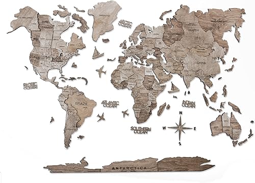 AWESOMETIK TERRA - Mapa del mundo de madera 3D, mapa del mundo de fácil instalación con cinta de doble cara, incluye complementos, madera