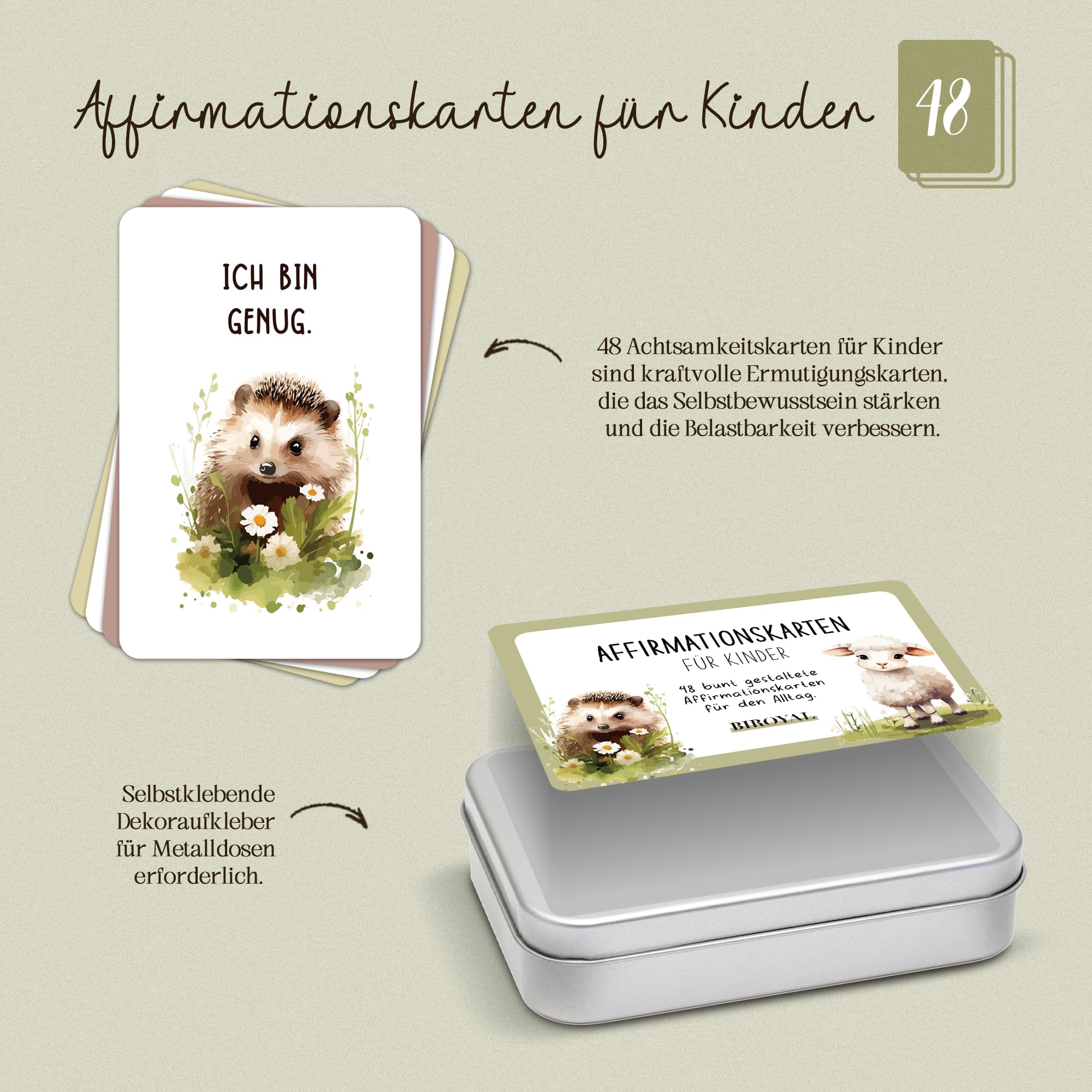 BIROYAL 48 Affirmation Cards for Children Mindfulness Cards with Metal Box, Motivation Cards for Feelings Self-Love - Image 3