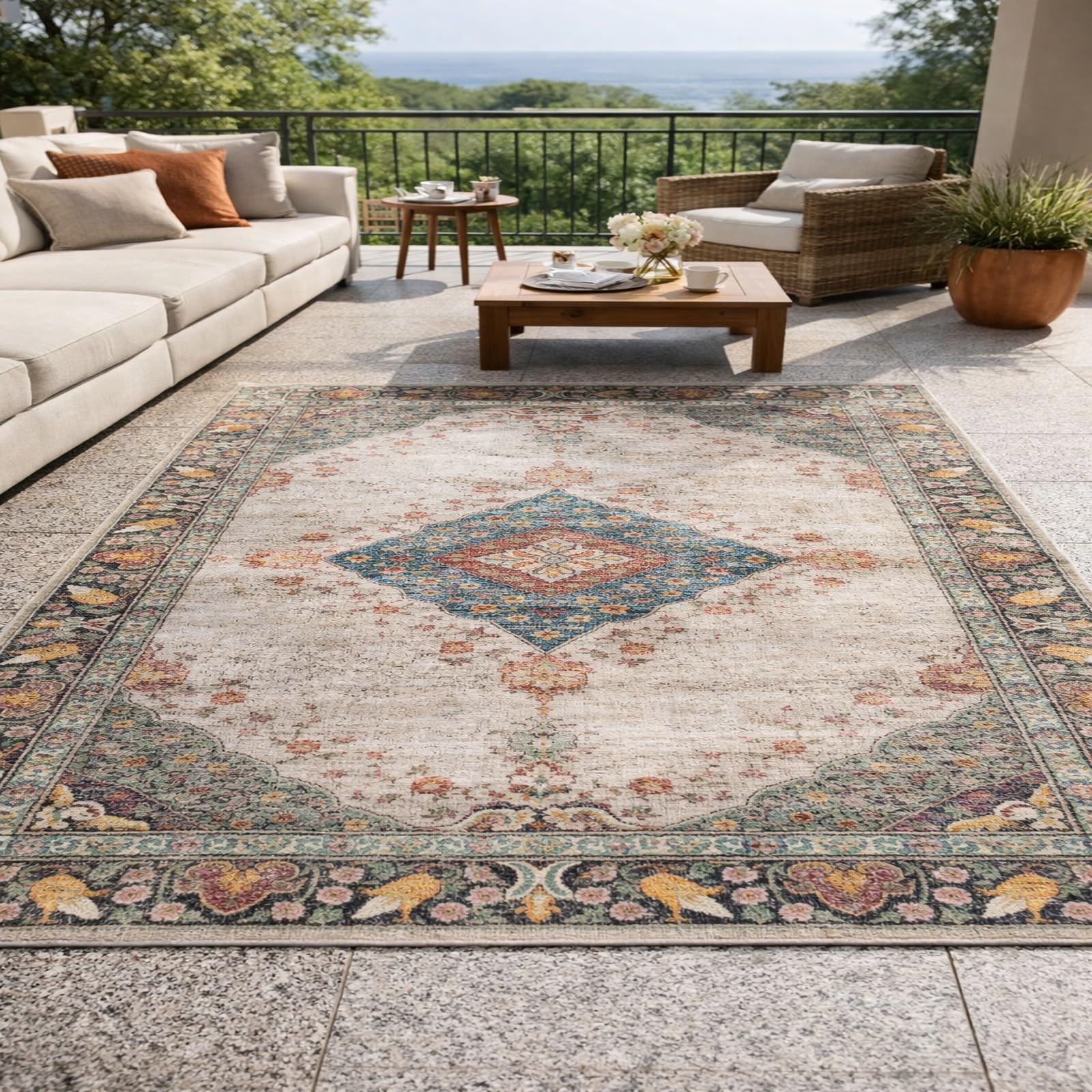 Tapis de salon vintage beige et rouge 120x200 cm pour chambre à poils ras