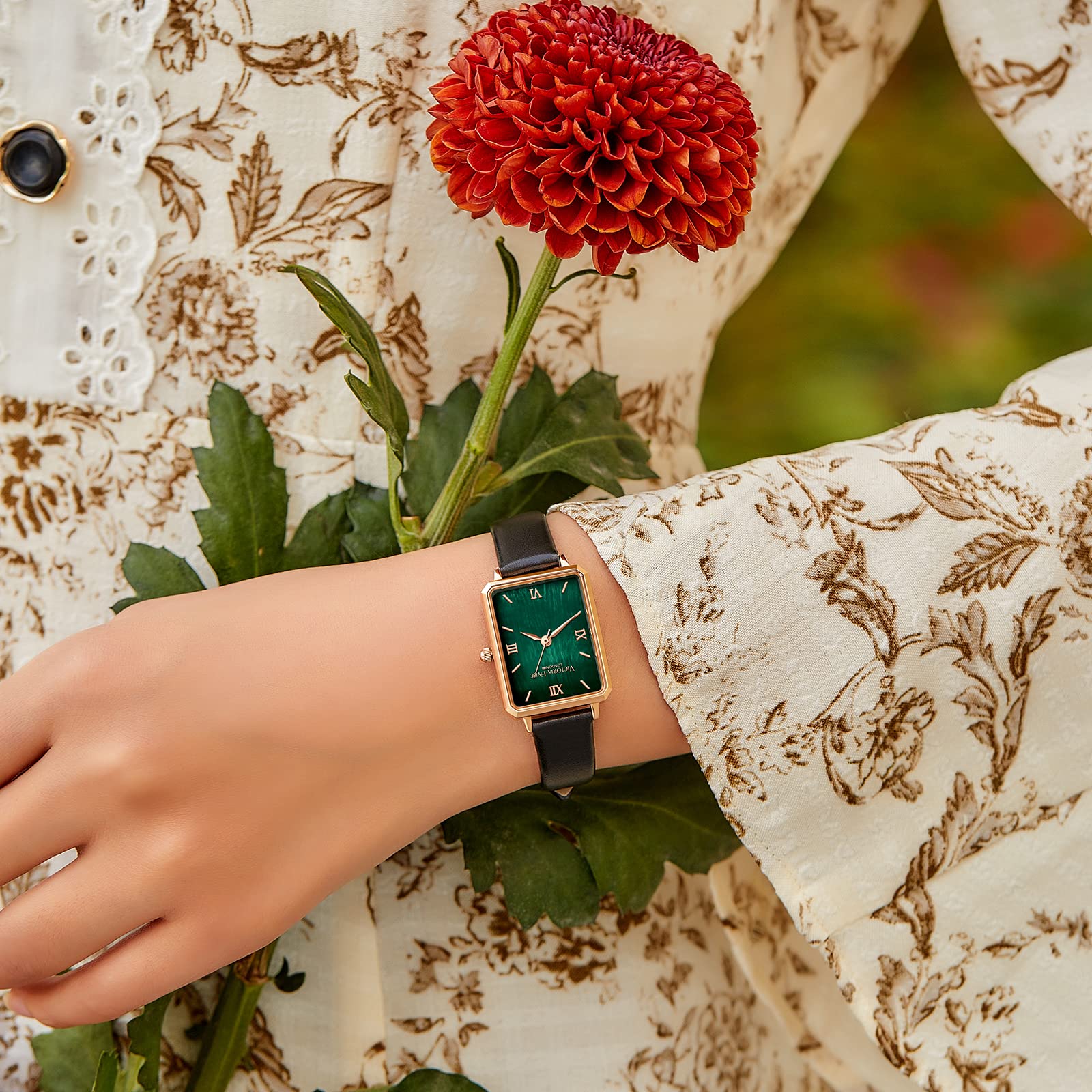 VICTORIA HYDE Gorgeous Women's Watch Green Mother of Pearl Dial Elegant Timepiece Rectangular Face Watches with Black Leather Band (Black)