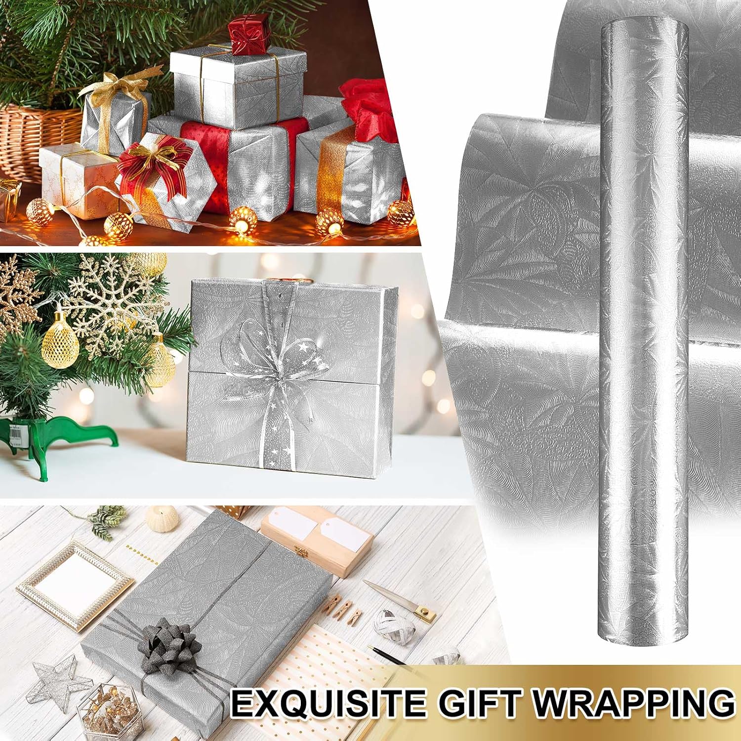 Ireer 2 Rolls Embossed Floral Foil Wrapping Paper 15.7" x 46 ft, Silver