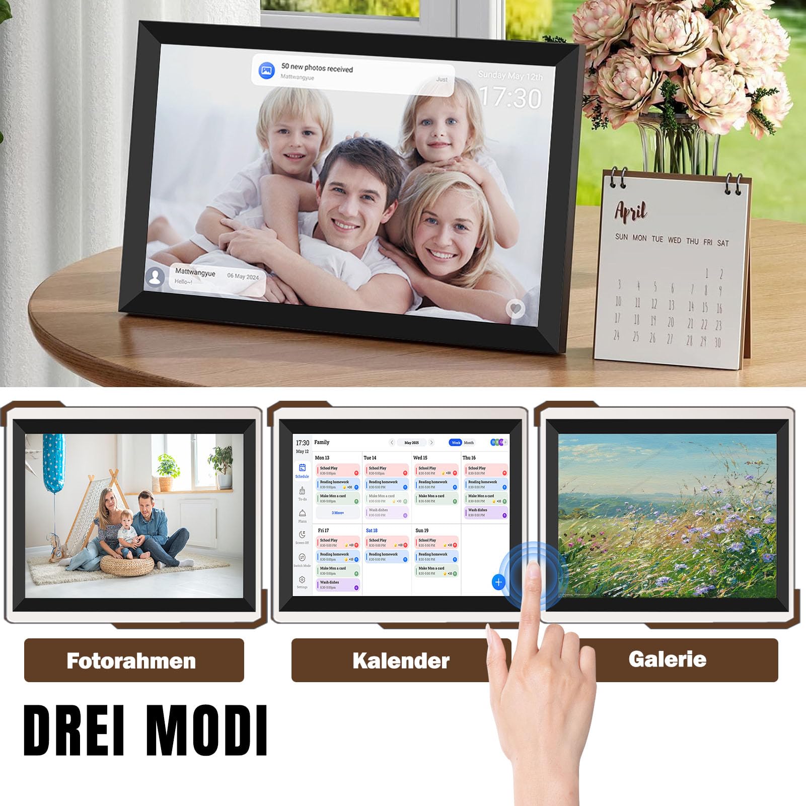 Banapoy 10.1" Digitaler Kalender mit Bilderrahmen, WIFI Touchscreen | Elektronischer Familienplaner mit HD IPS Display, Haushaltsplaner für Büro & Zuhause, Tischaufstellung