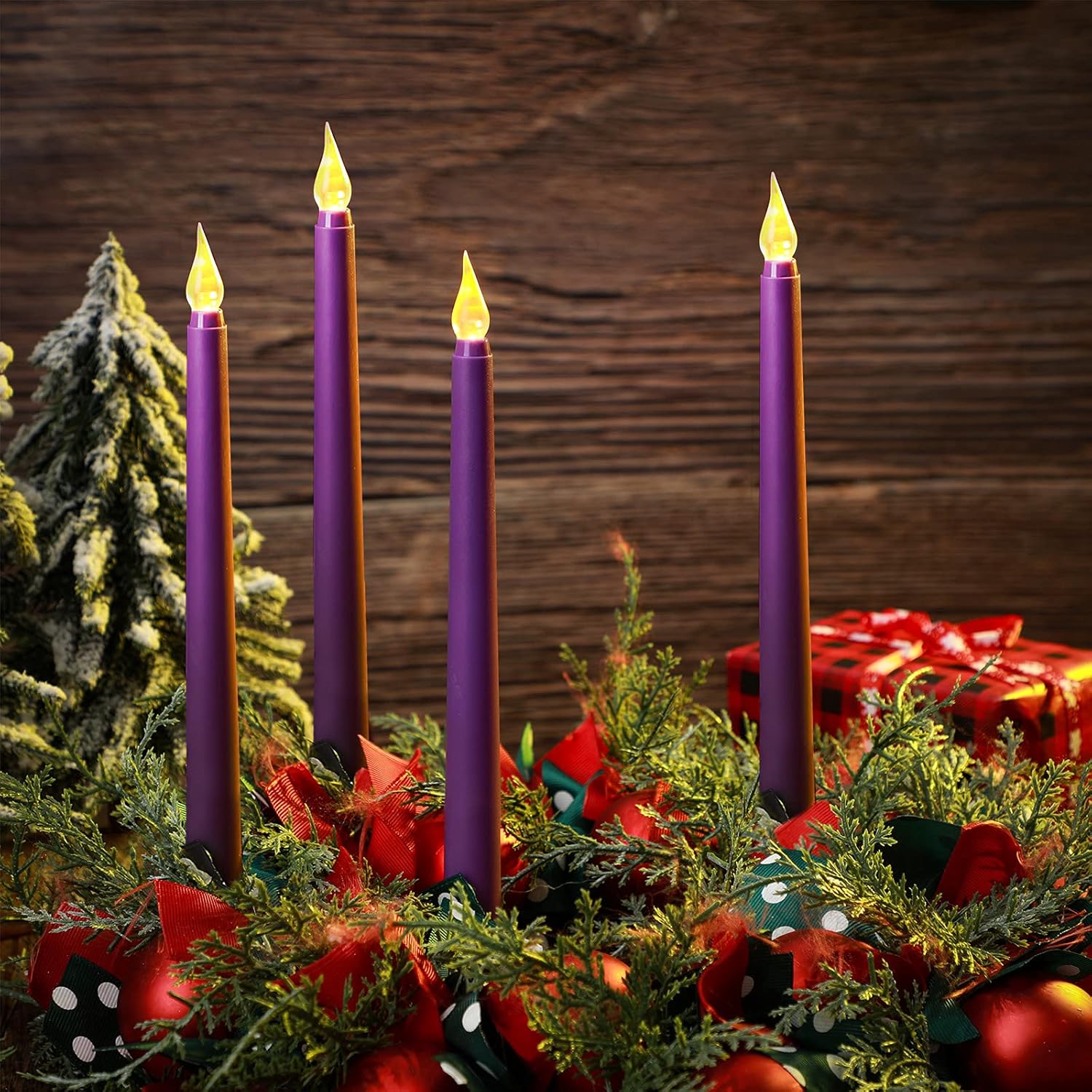 Enhon 8 Pieces Purple Flameless Advent Taper Candles 10 Inch Flickering LED Battery Operated Candles for Wedding Dinner Church Spell Holiday Christmas Advent Rituals