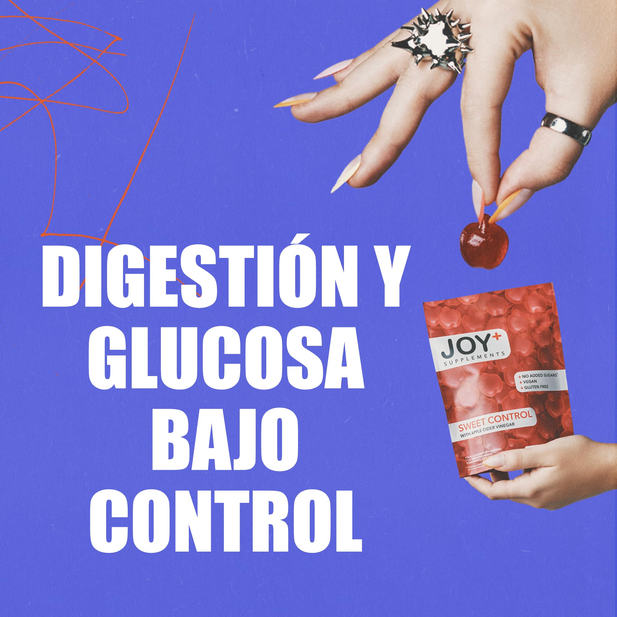 JOY+ - SWEET CONTROL - Gominolas para el Control de Glucosa con Vinagre de Manzana, Cromo, Ácido Fólico, Vitaminas B6 y B12. Sabor Manzana. 60 Gummies. Sin Azúcares añadidos - 5