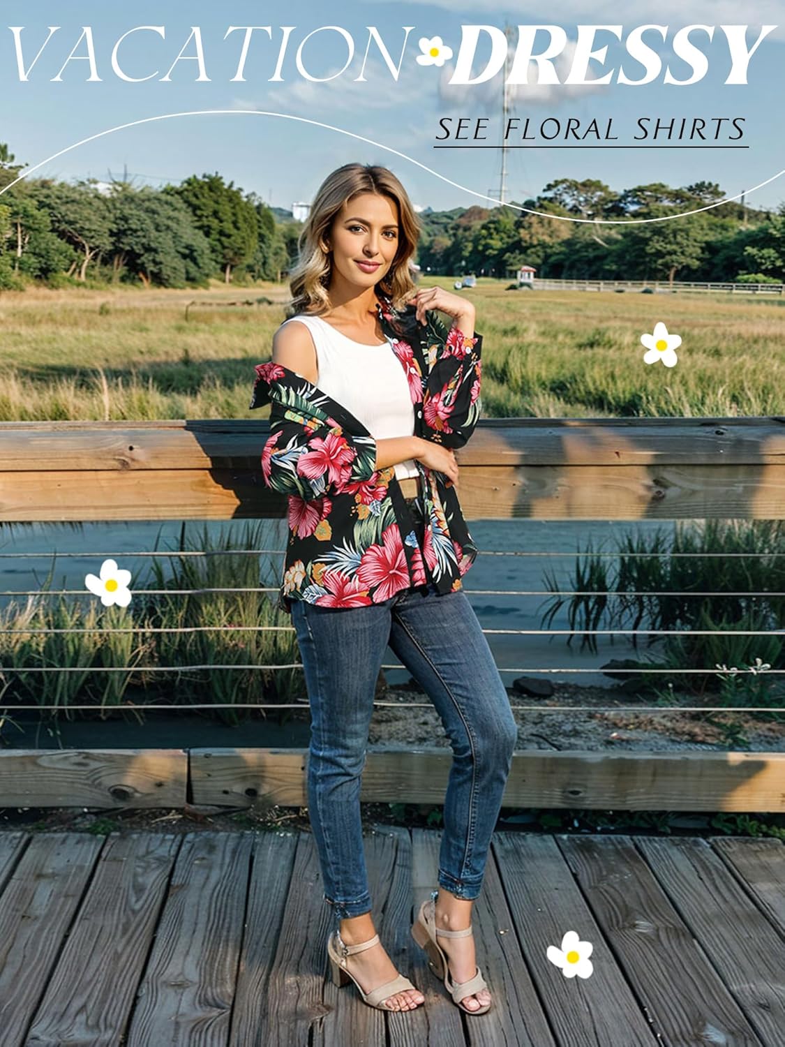 ZXZY Hawaiian Shirts for Women Fall Soft Floral Leaves Print Long Sleeve Button Up Trendy Tops Blouse - Image 2