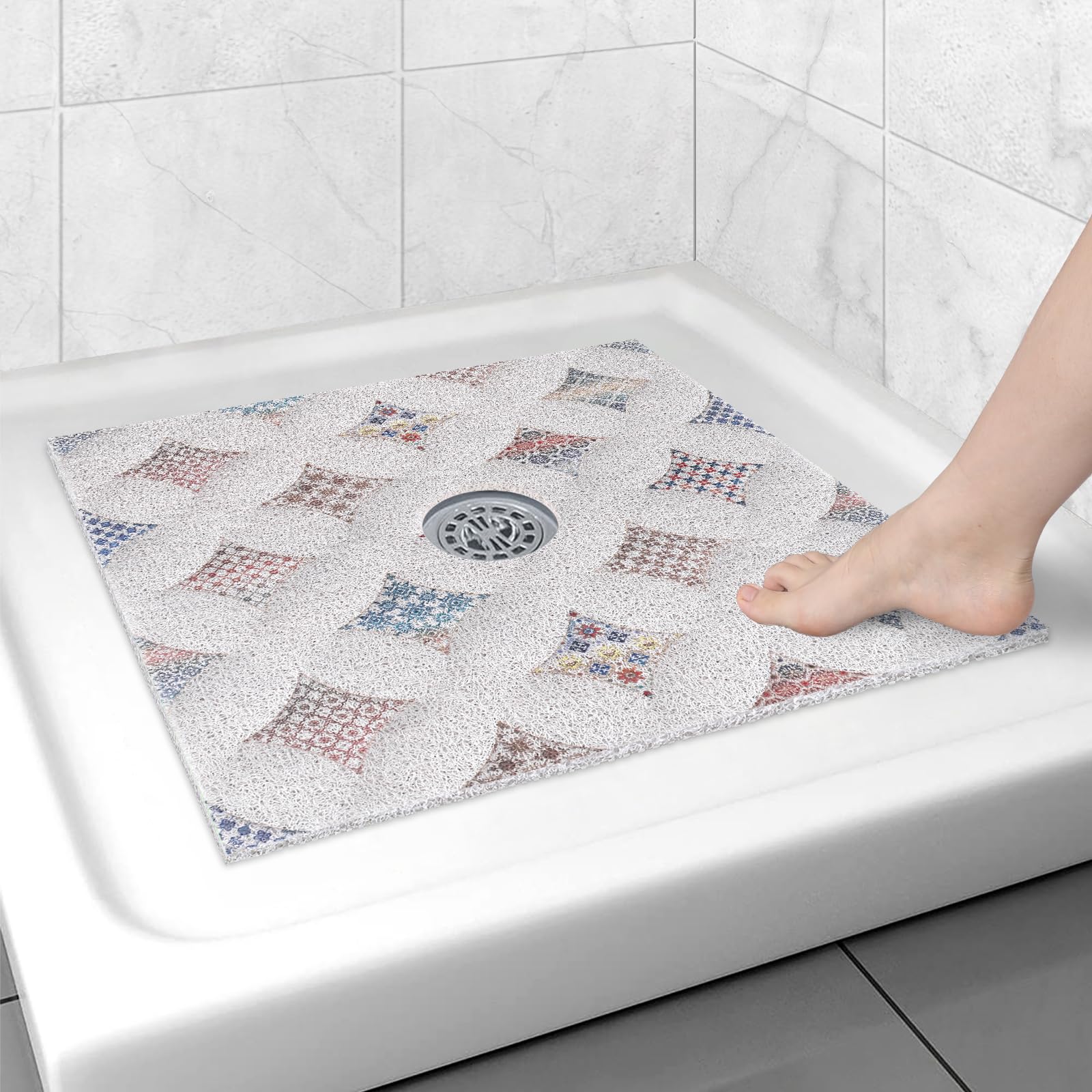 Square Shower Mat Non Slip: 27x27 Inch Extra Large Shower Floor Mat with Drain Hole in Middle - Soft PVC Loofah Bath Mat for Shower - Anti Slip Shower Stall Mat for Elderly and Kids
