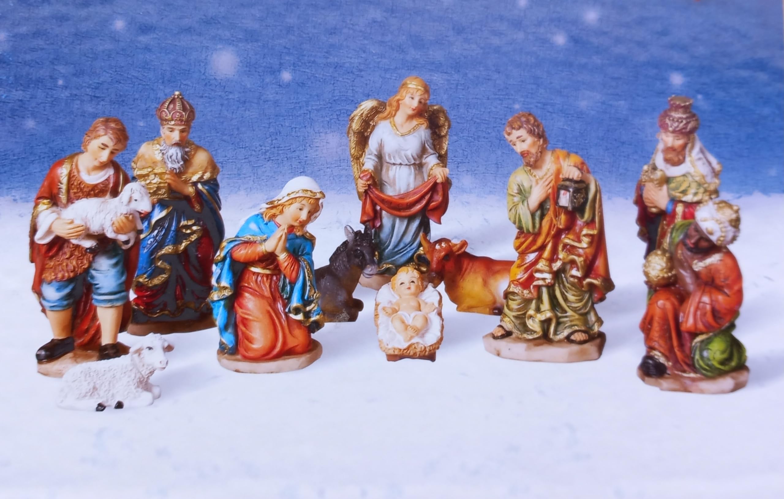 Generico ArteSacraCaravaggio Weihnachtskrippen-Set komplett 10 cm bestehend aus 11 Teilen aus Kunstharz für den Innen- und Außenbereich